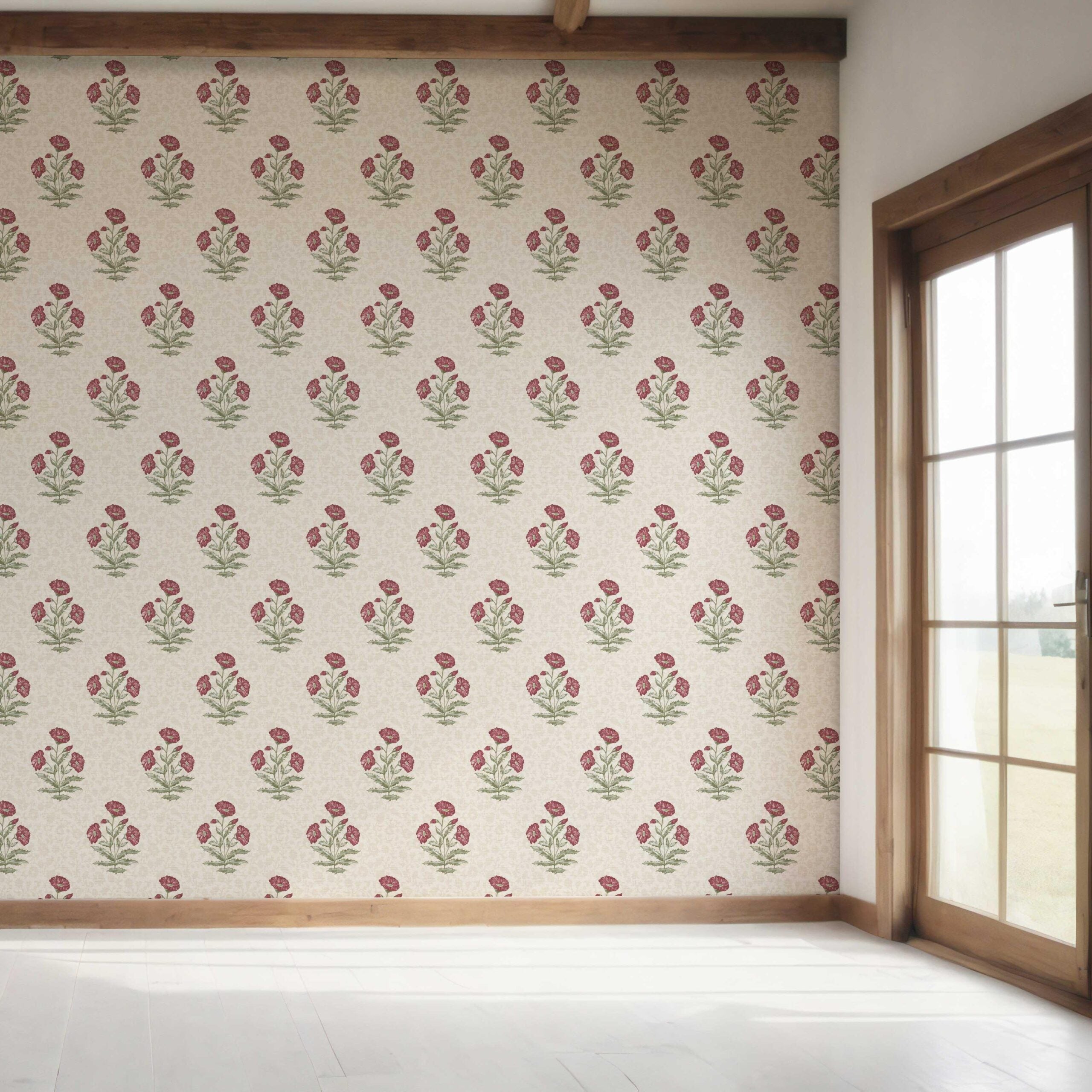 Floral Block Print Bedroom Wallpaper Sample (Berry Red/ Maroon/ Green)