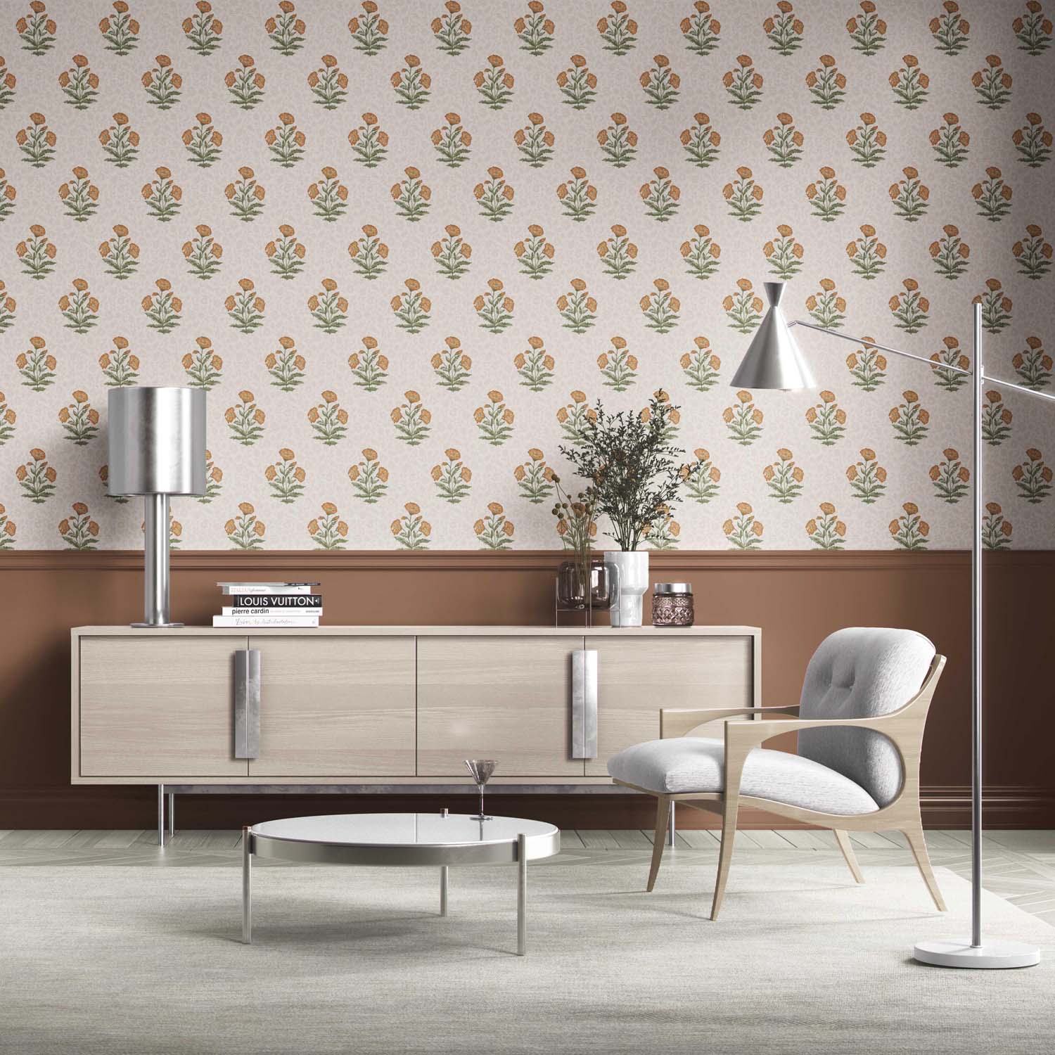 Floral Block Print Kitchen Wallpaper Sample (Ochre Yellow/ Green)