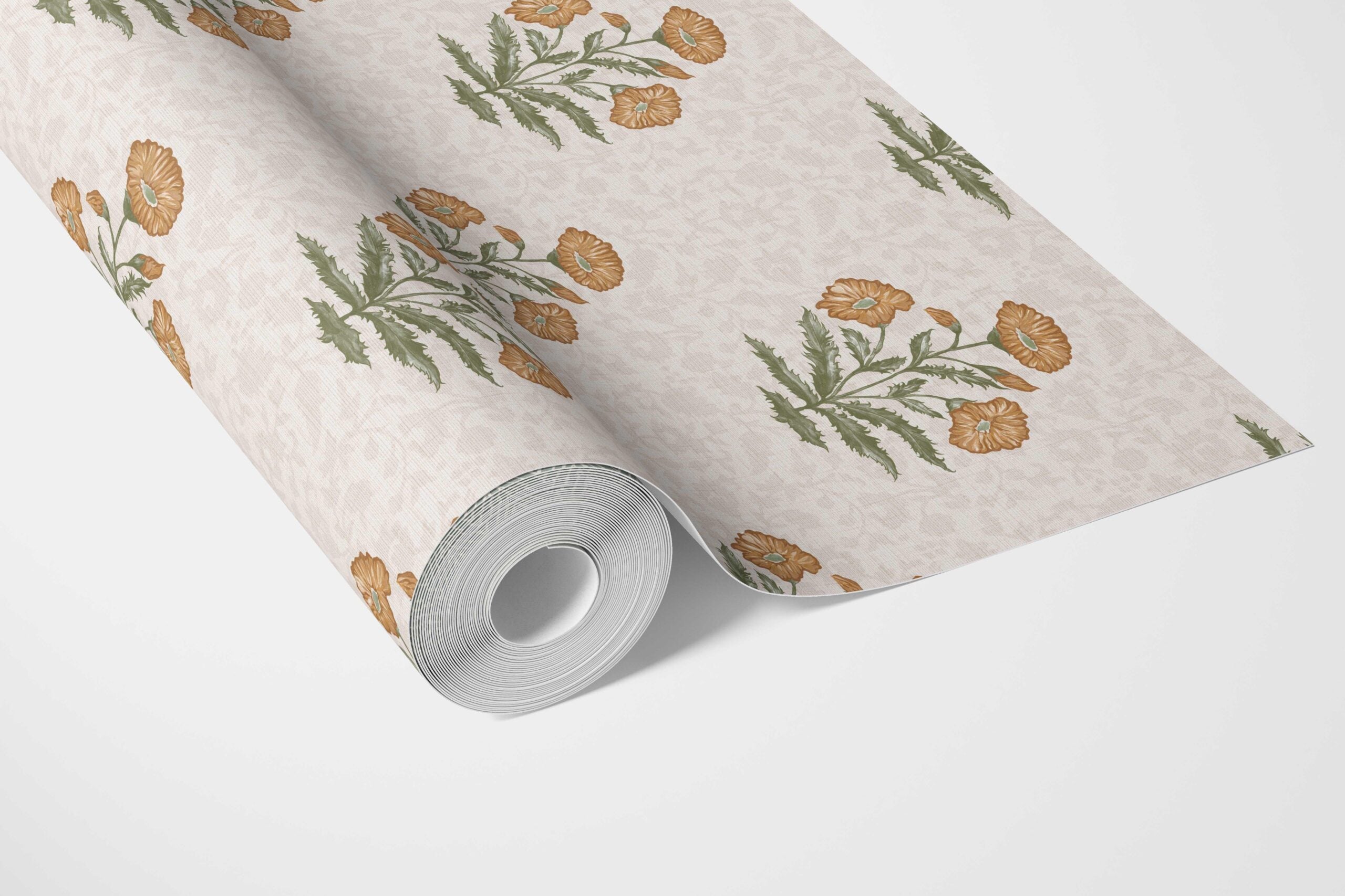 Floral Block Print Bathroom Wallpaper Sample (Ochre Yellow/ Green)