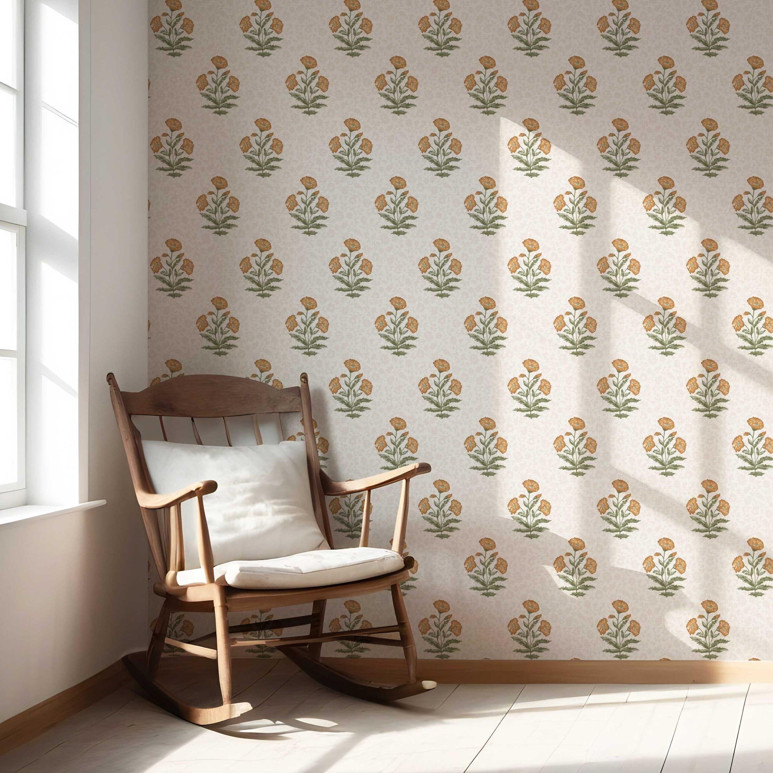 Floral Block Print Nursery Wallpaper (Ochre Yellow/ Green)