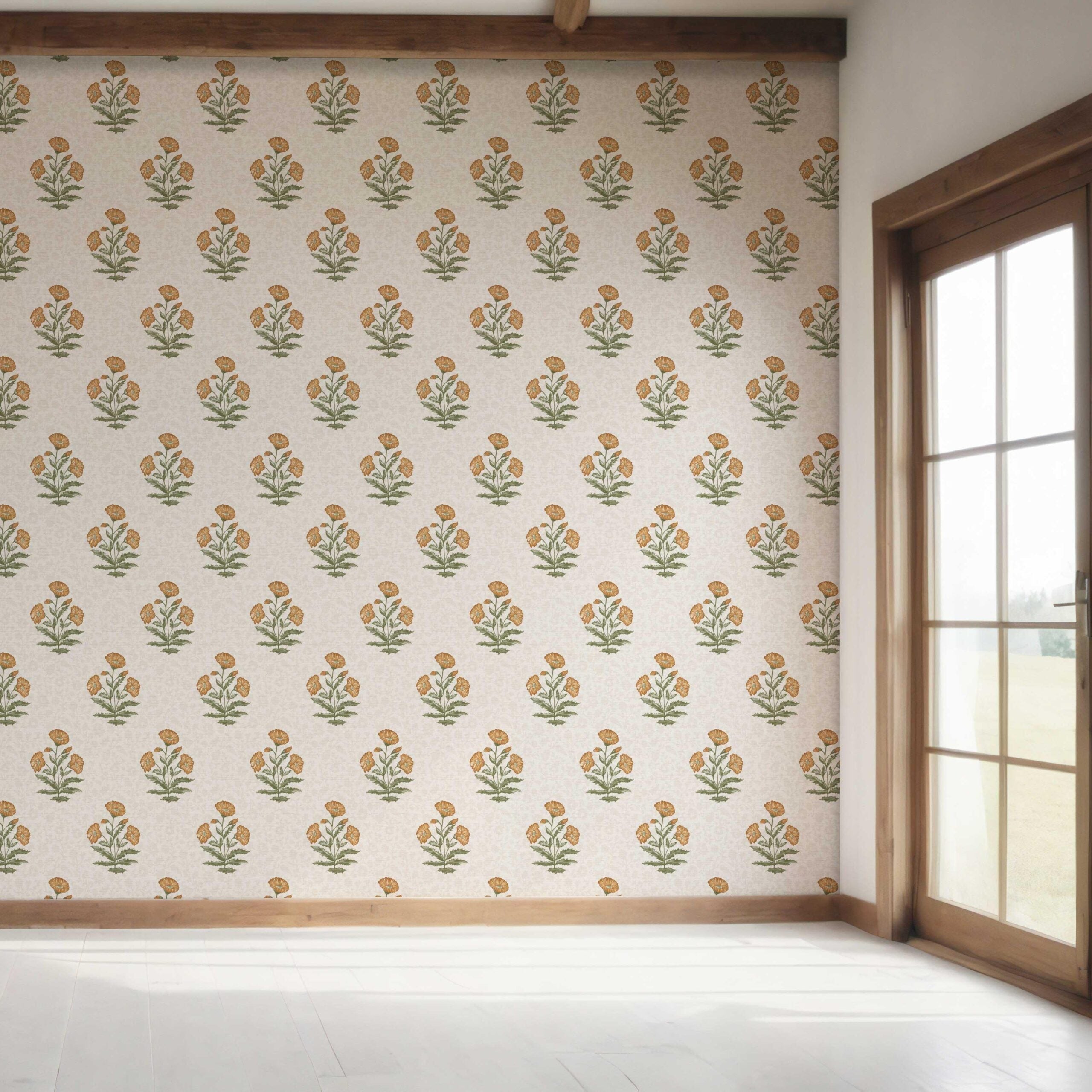 Floral Block Print Bedroom Wallpaper Sample (Ochre Yellow/ Green)
