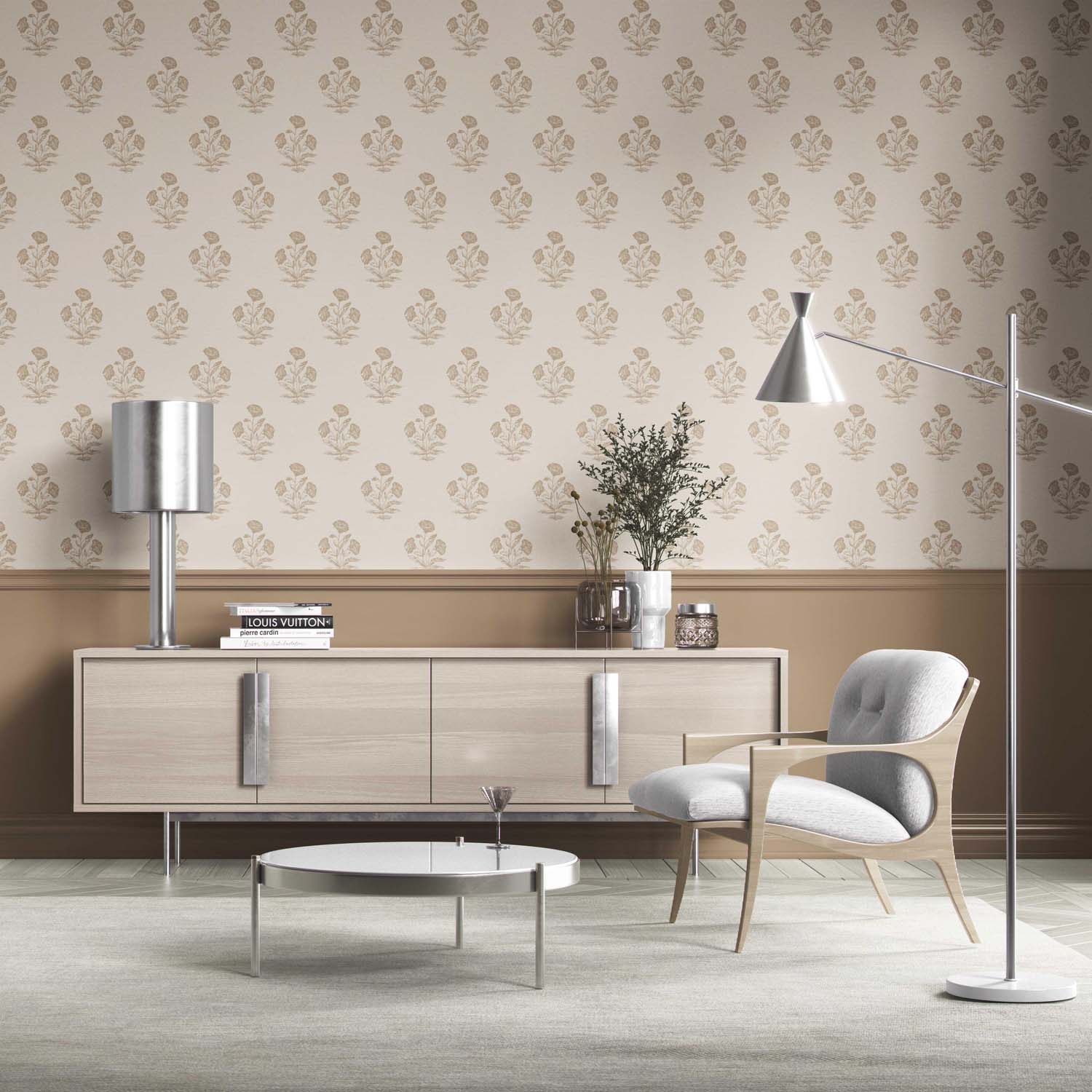 Neutral Floral Block Print Kitchen Wallpaper Sample (Light Brown/ Beige/ Taupe)