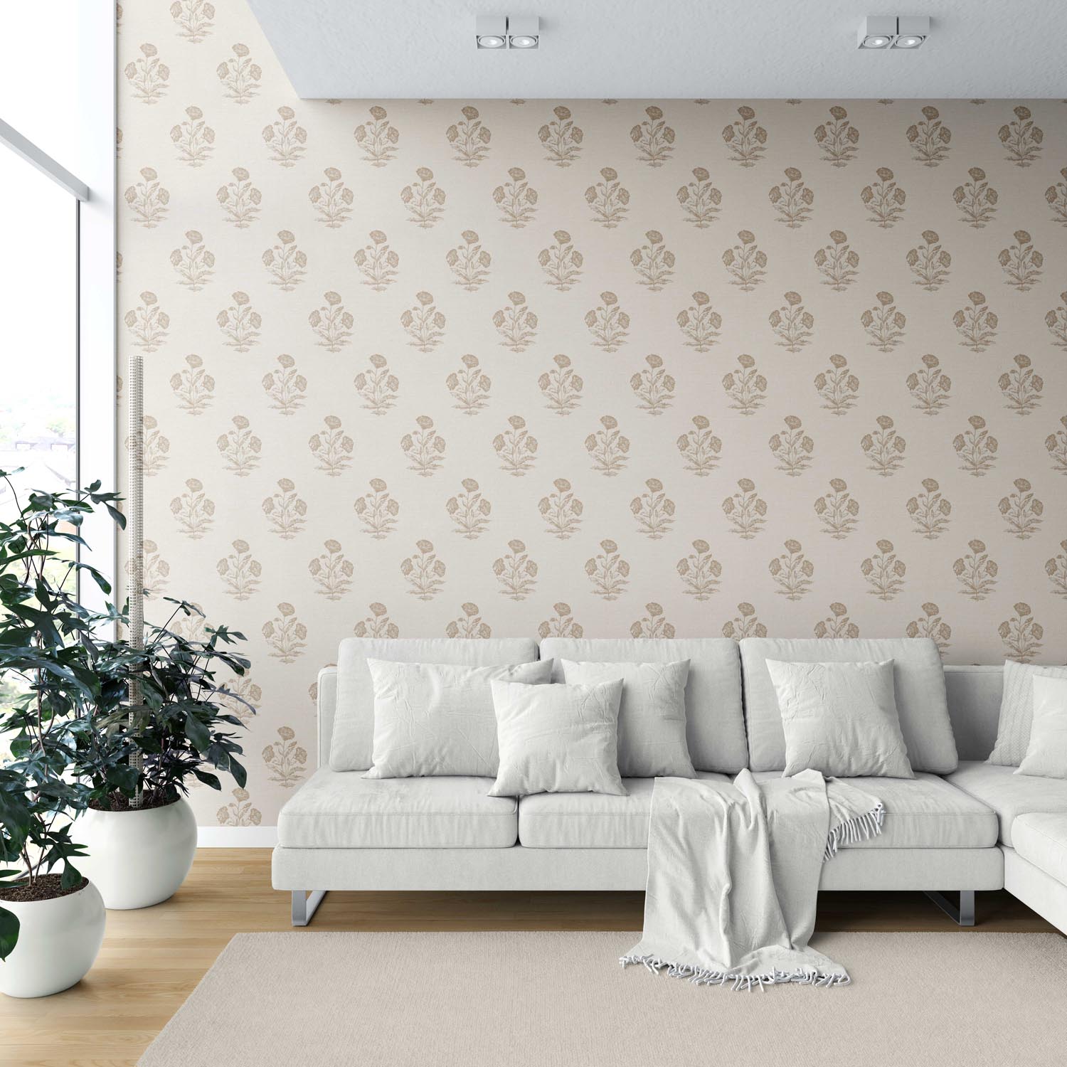 Neutral Floral Block Print Shower Toilet Wallpaper Sample (Light Brown/ Beige/ Taupe)