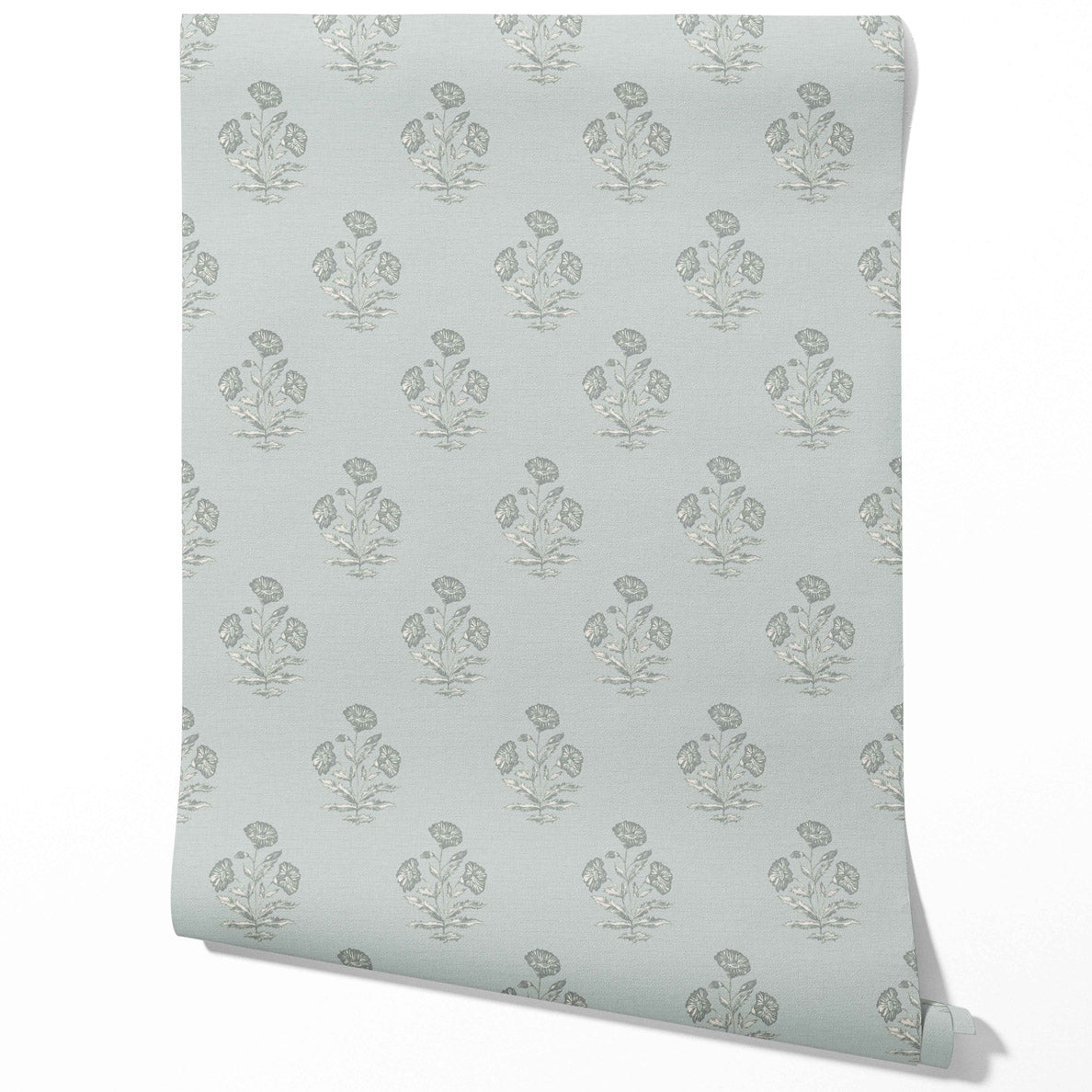 Floral Block Print Traditional Wallpaper Sample (Shell Blue/ Gray)