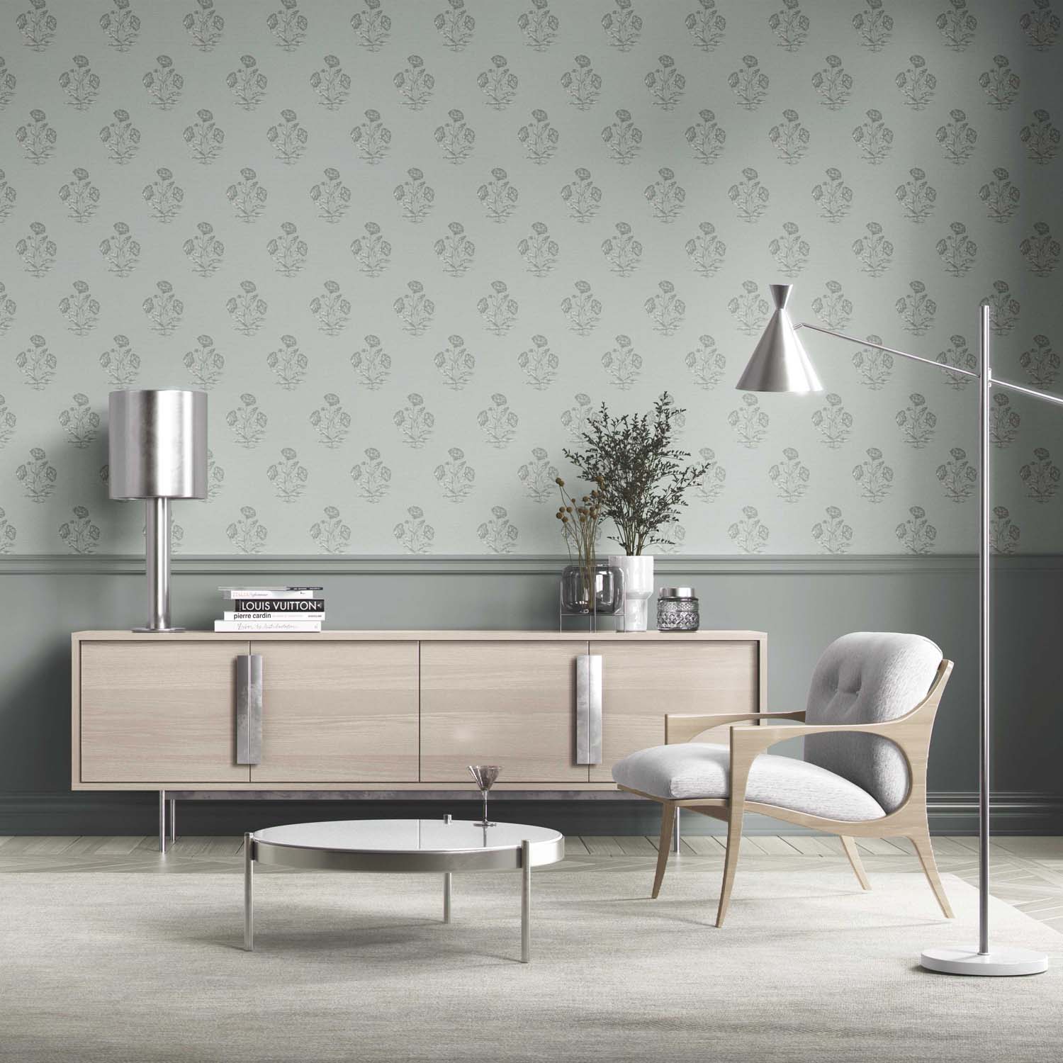 Floral Block Print Kitchen Wallpaper Sample (Shell Blue/ Gray)
