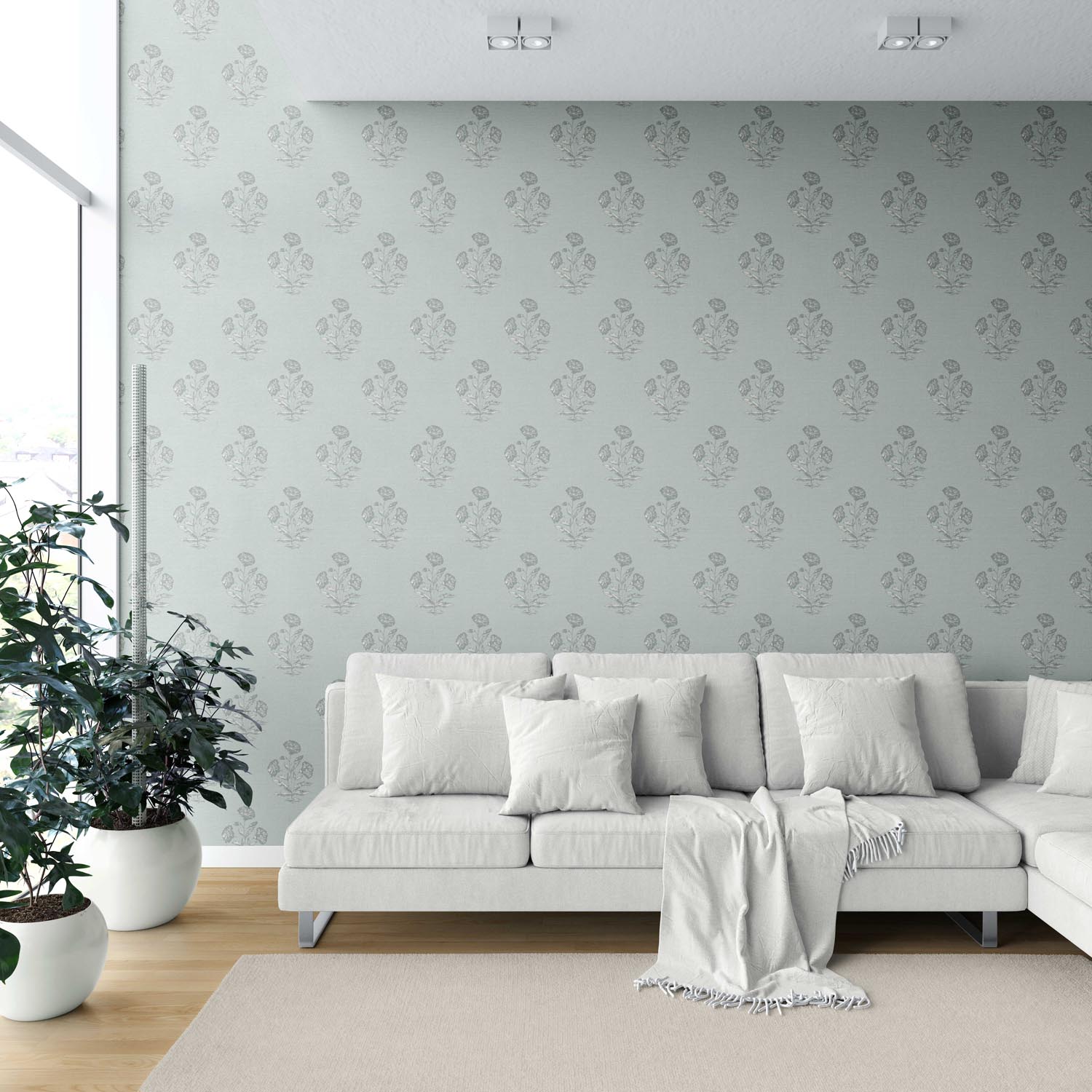 Floral Block Print Shower Toilet Wallpaper Sample (Shell Blue/ Gray)