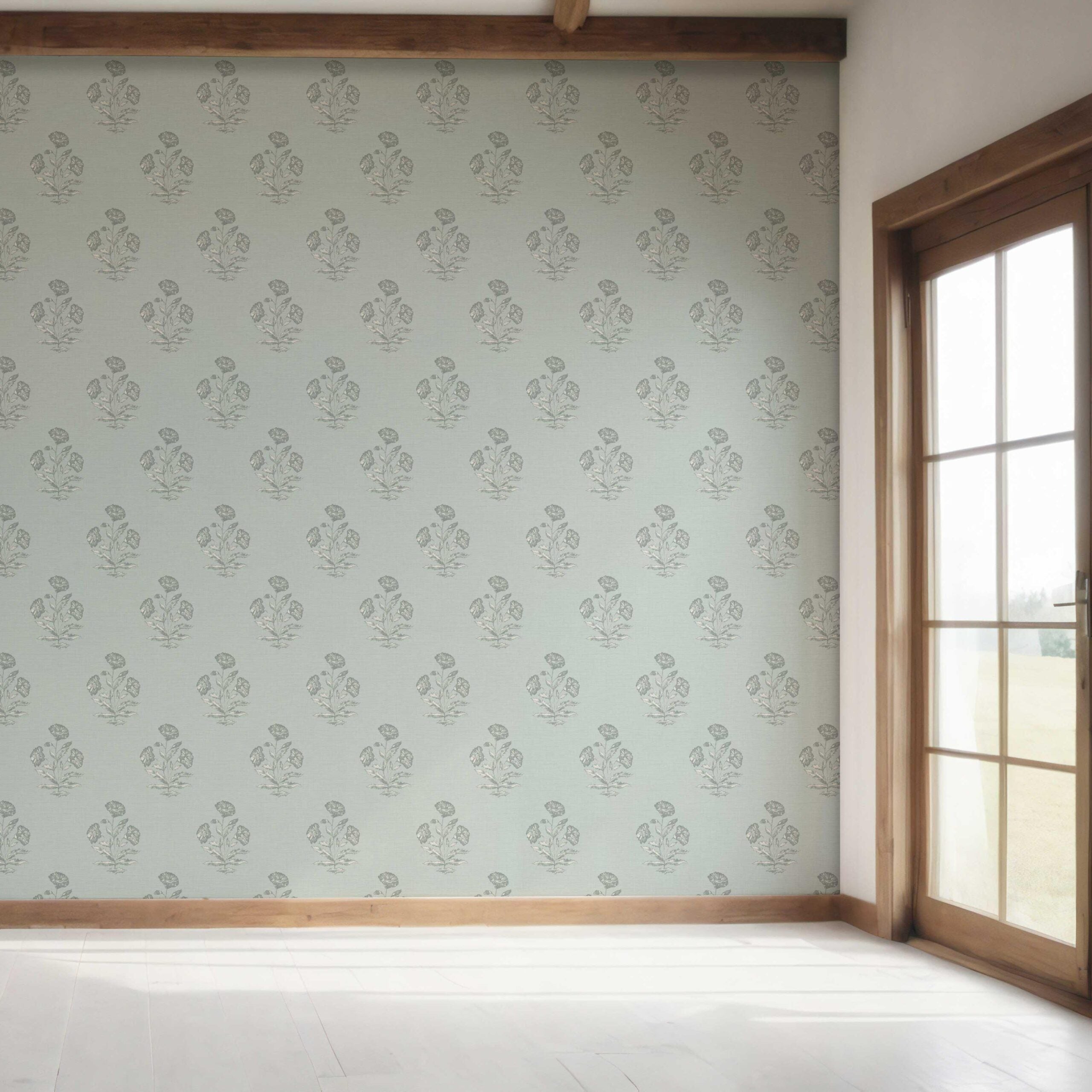 Floral Block Print Bedroom Wallpaper Sample (Shell Blue/ Gray)