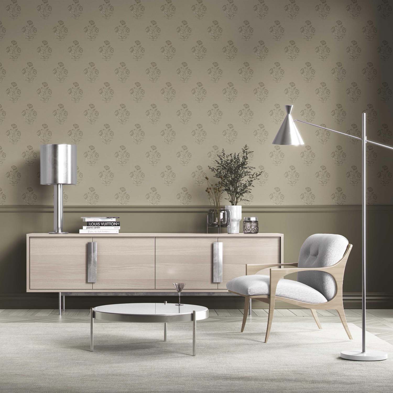 Floral Block Print Kitchen Wallpaper Sample (Olive Gray)