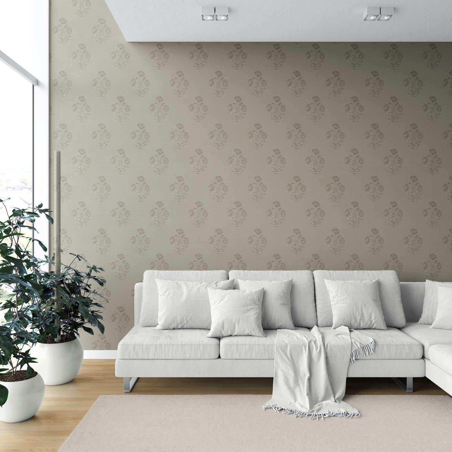 Floral Block Print Shower Toilet Wallpaper Sample (Olive Gray)