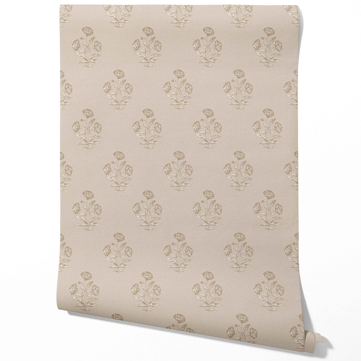 Neutral Floral Block Print Traditional Wallpaper (Warm Beige/ Greige/ Brown)