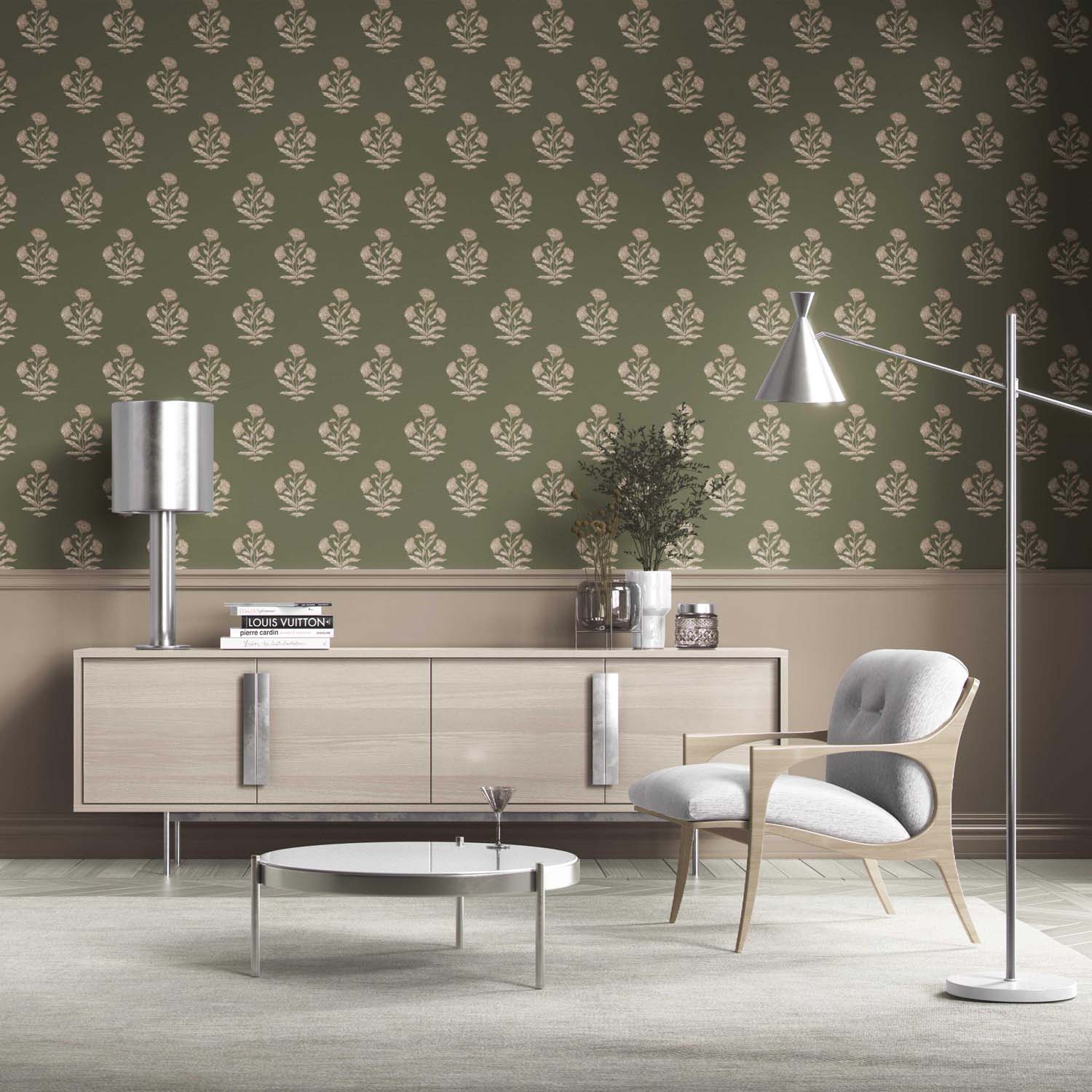 Floral Block Print Kitchen Wallpaper Sample (Olive Green/ Beige)