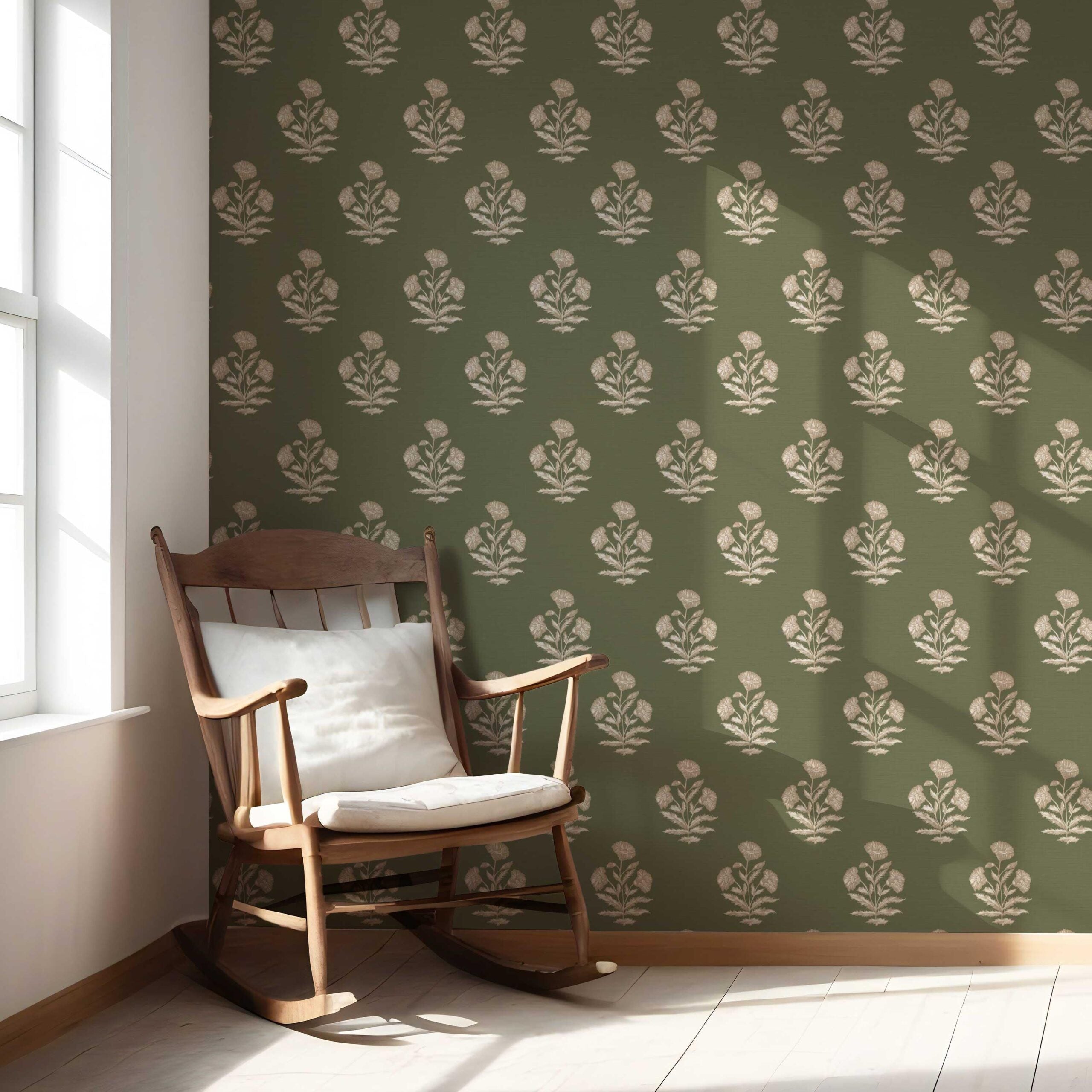 Floral Block Print Nursery Wallpaper Sample (Olive Green/ Beige)