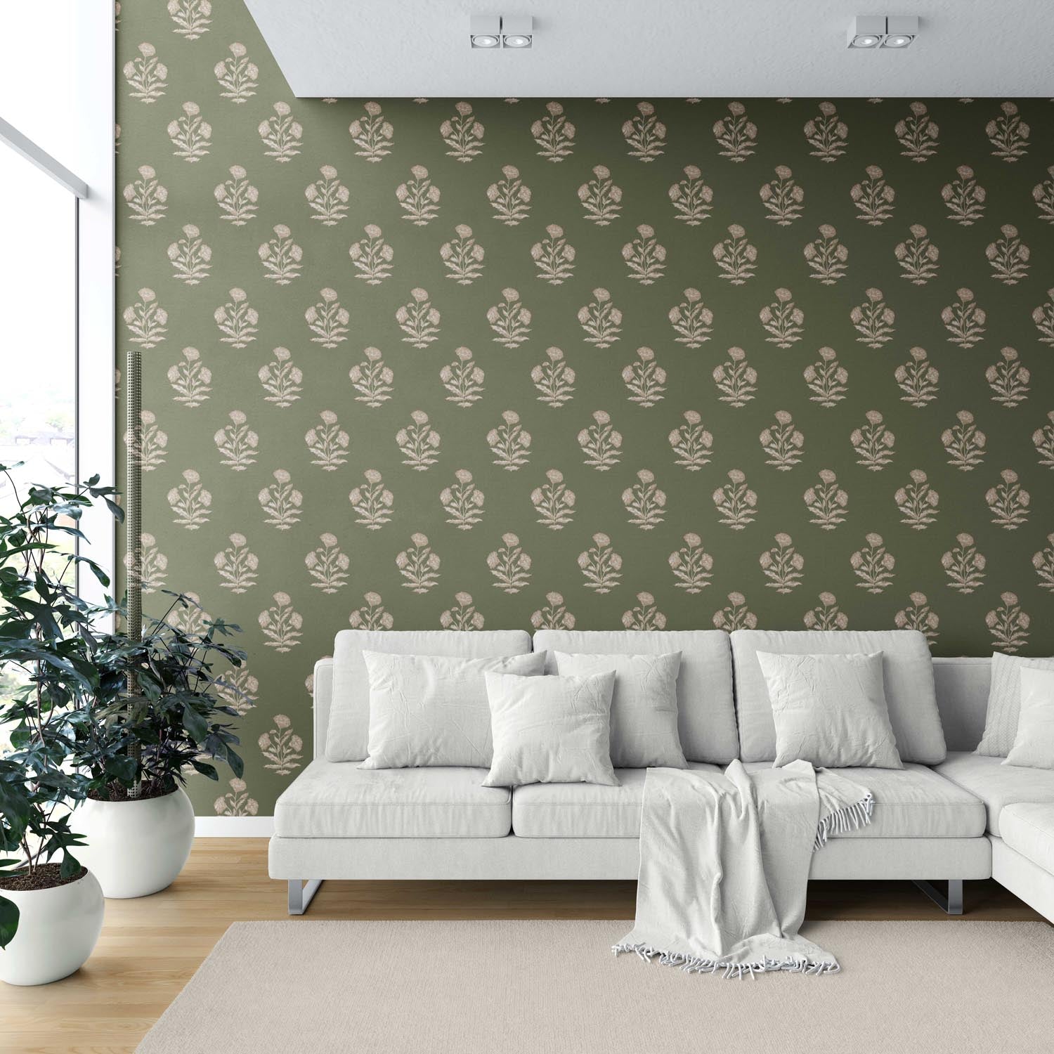 Floral Block Print Shower Toilet Wallpaper Sample (Olive Green/ Beige)
