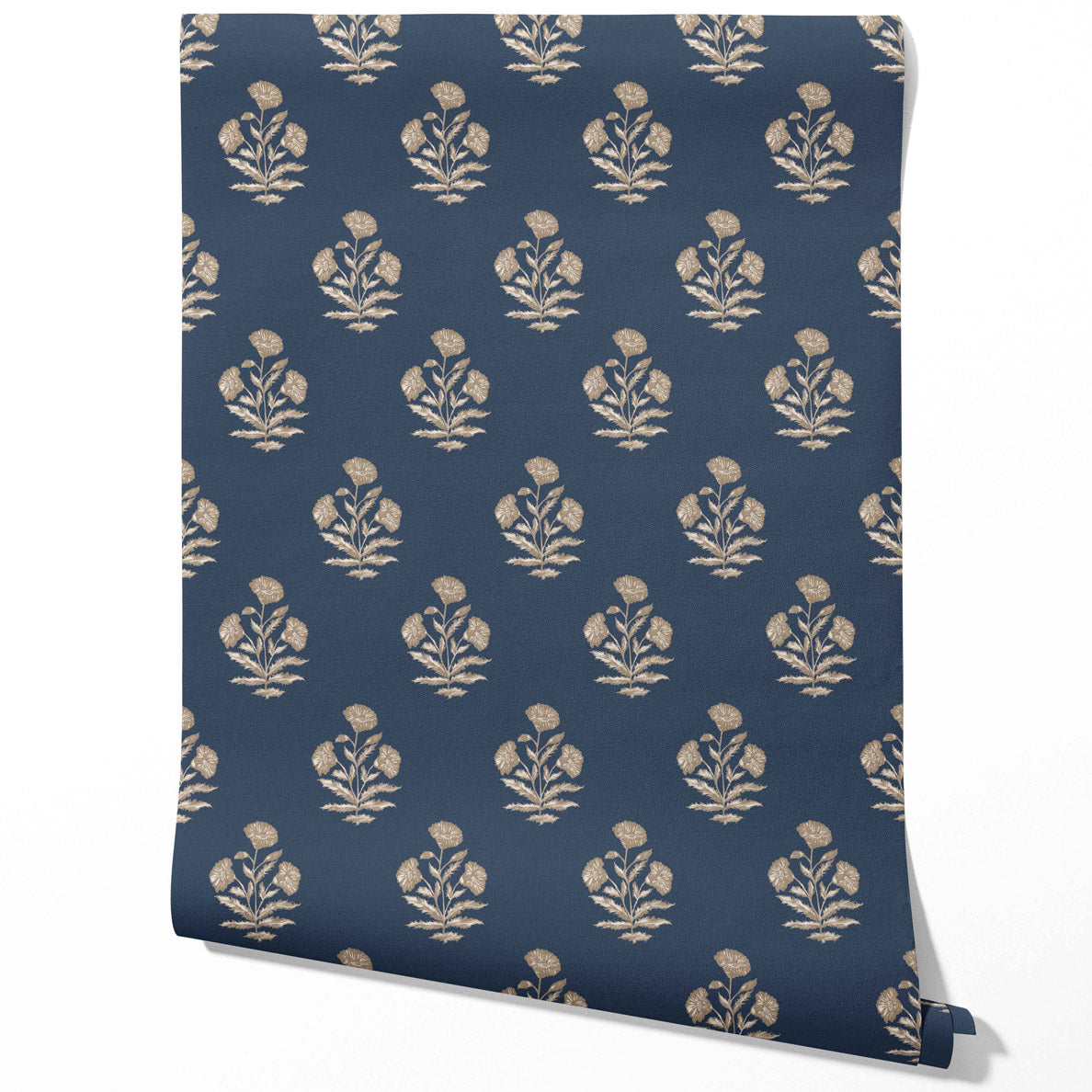 Floral Block Print Traditional Wallpaper Sample (Navy Blue/ Beige)