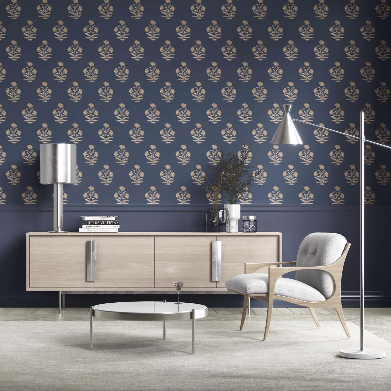 Floral Block Print Kitchen Wallpaper Sample (Navy Blue/ Beige)
