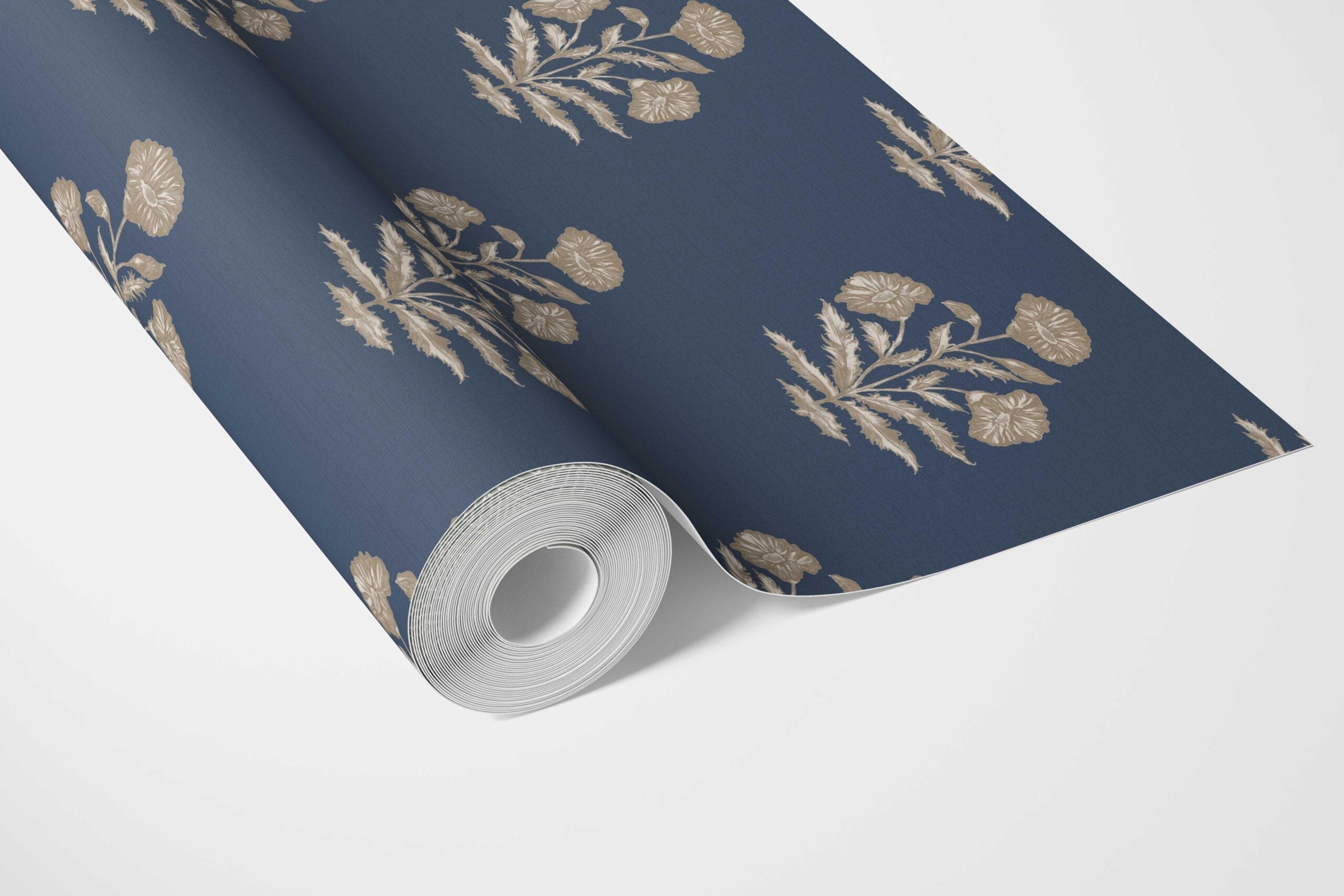 Floral Block Print Bathroom Wallpaper (Navy Blue/ Beige)