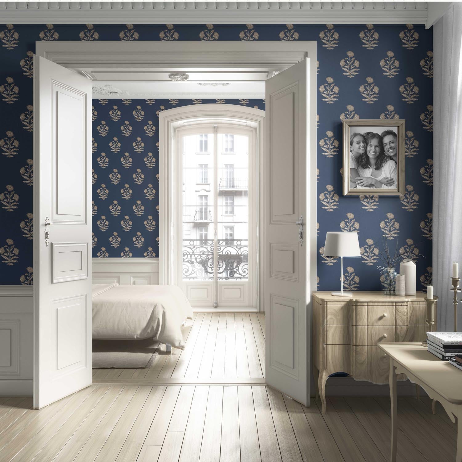 Floral Block Print Living Room Wallpaper Sample (Navy Blue/ Beige)