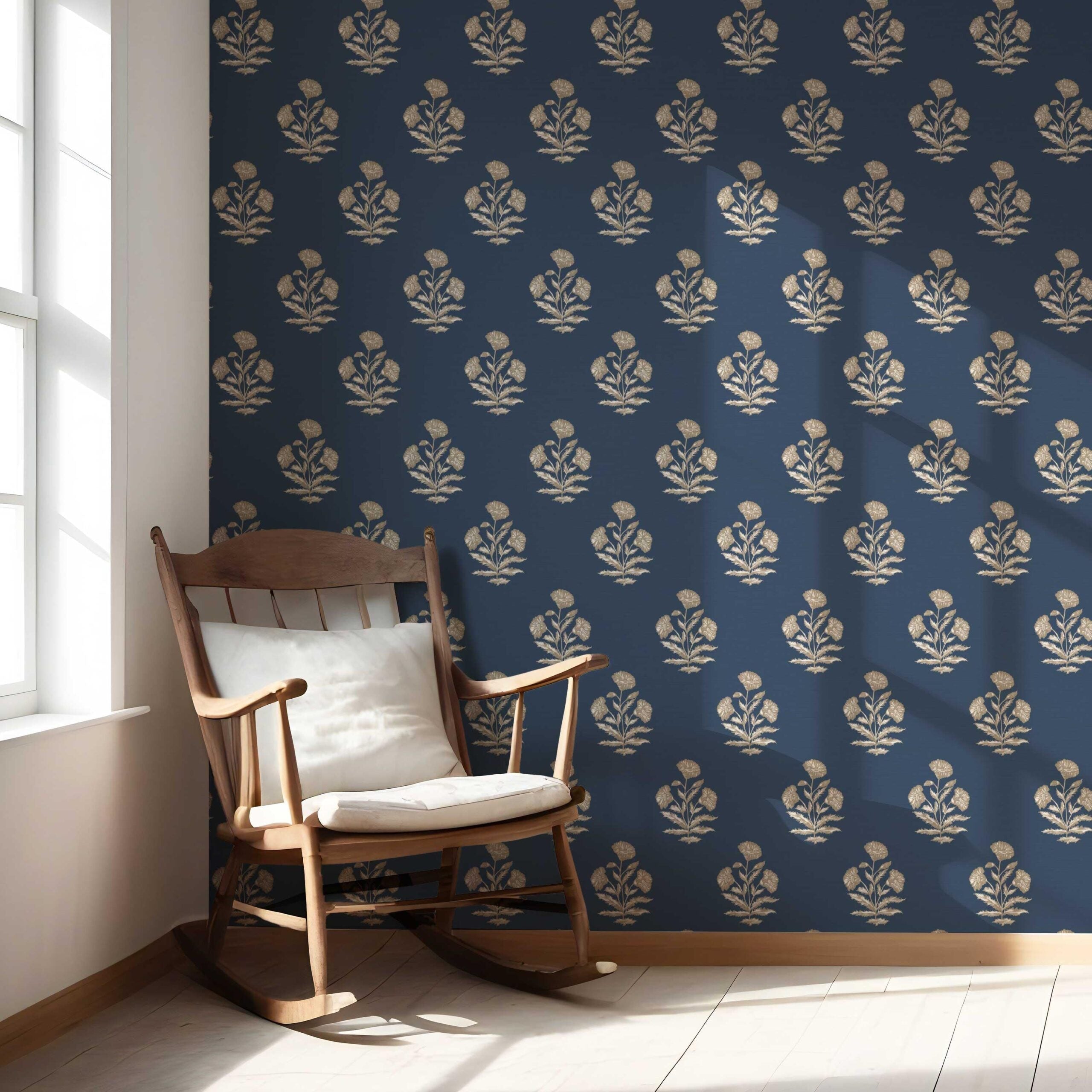 Floral Block Print Nursery Wallpaper Sample (Navy Blue/ Beige)