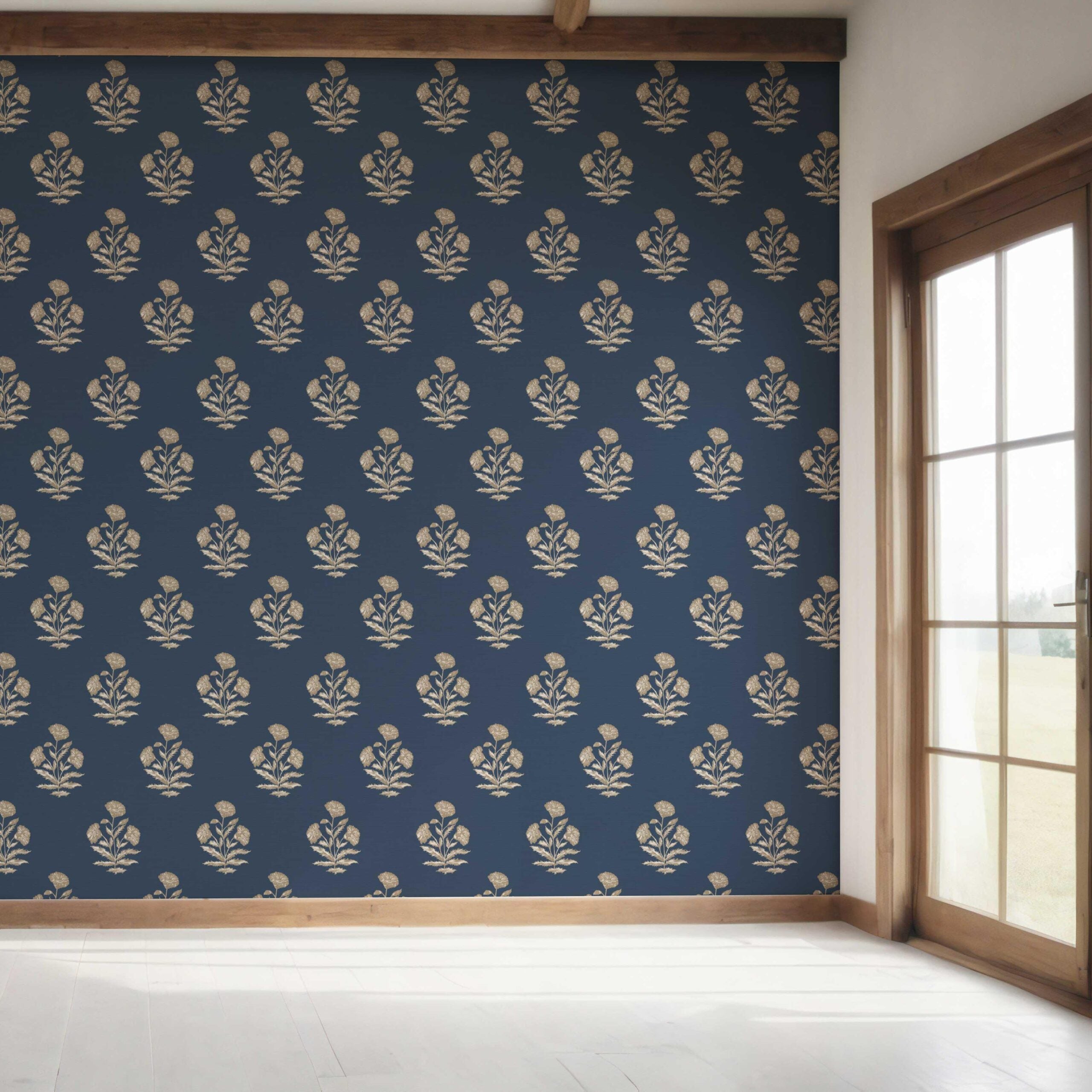 Floral Block Print Bedroom Wallpaper Sample (Navy Blue/ Beige)