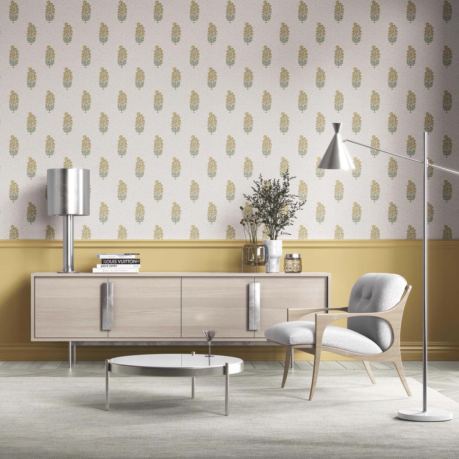Floral Block Print Kitchen Wallpaper (Yellow/ Green)