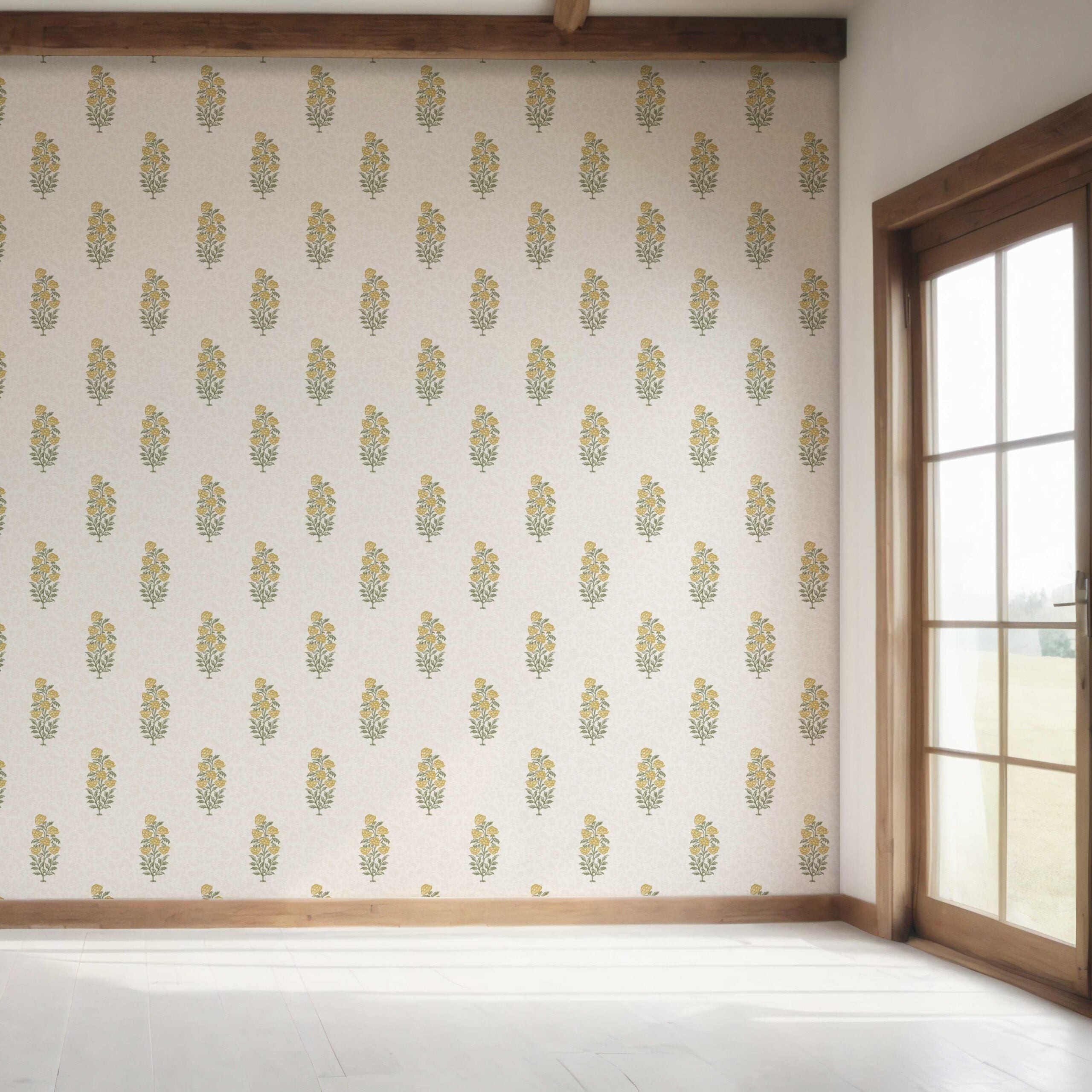 Floral Block Print Bedroom Wallpaper (Yellow/ Green)