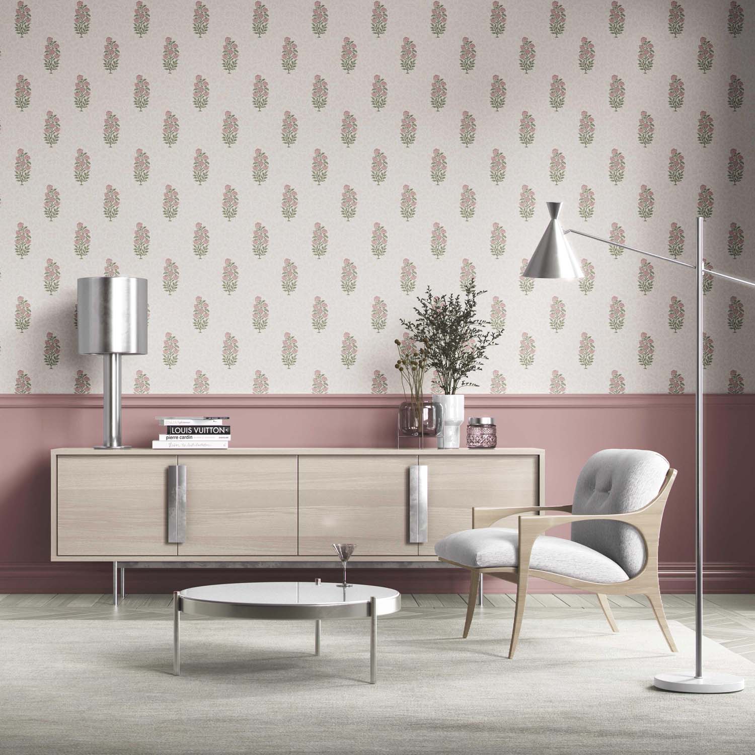 Floral Block Print Kitchen Wallpaper Sample (Pink/ Green)