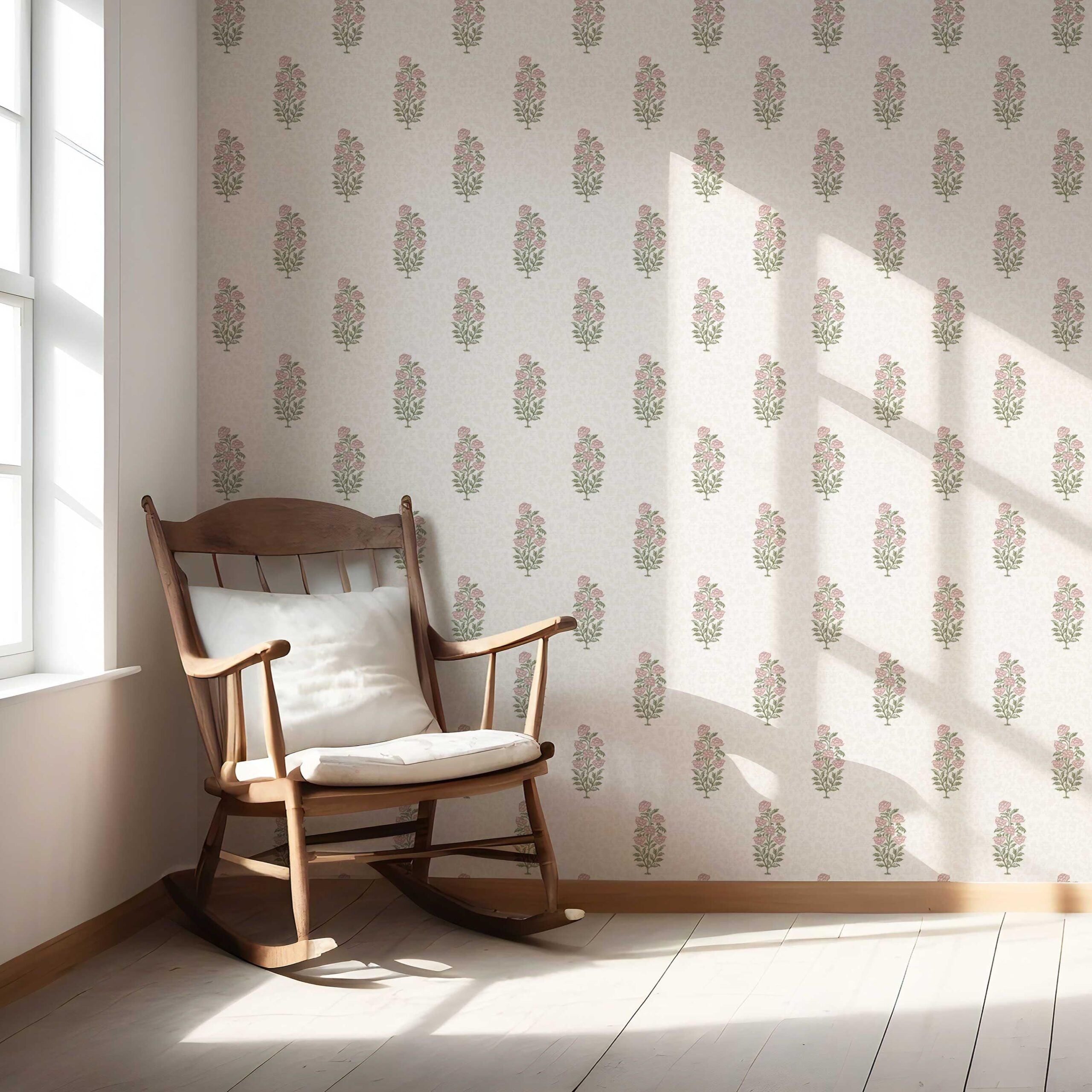 Floral Block Print Nursery Wallpaper Sample (Pink/ Green)