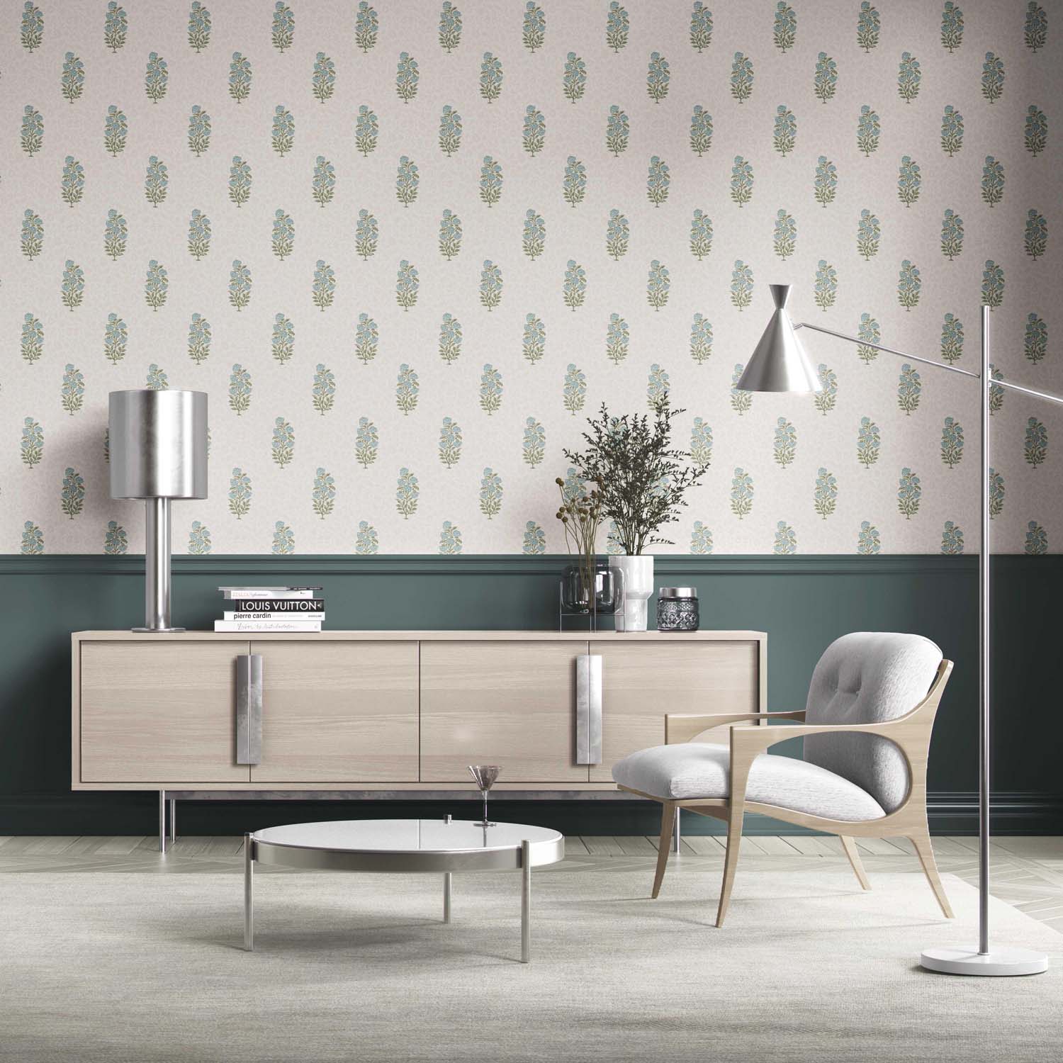 Floral Block Print Kitchen Wallpaper Sample (Duck Egg Blue/ Green)