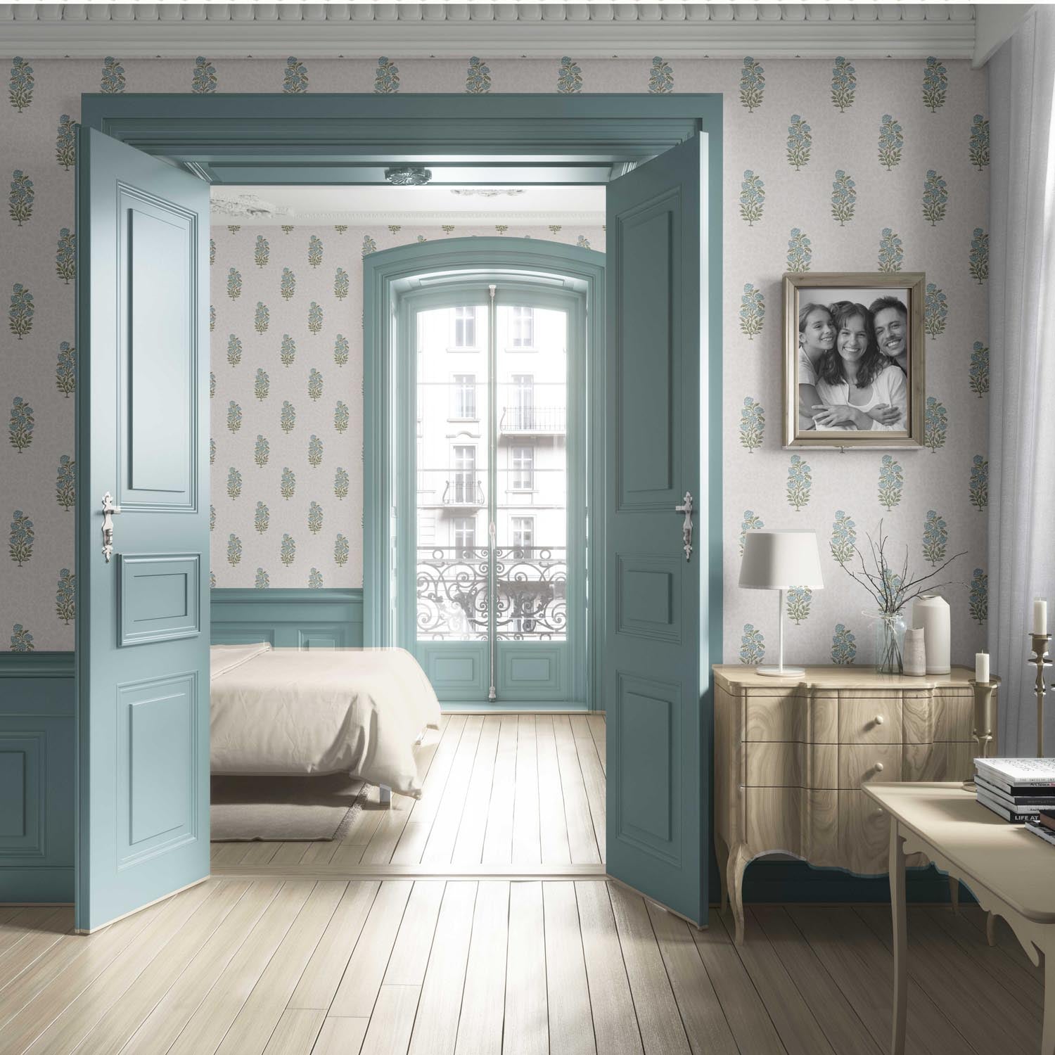Floral Block Print Living Room Wallpaper Sample (Duck Egg Blue/ Green)