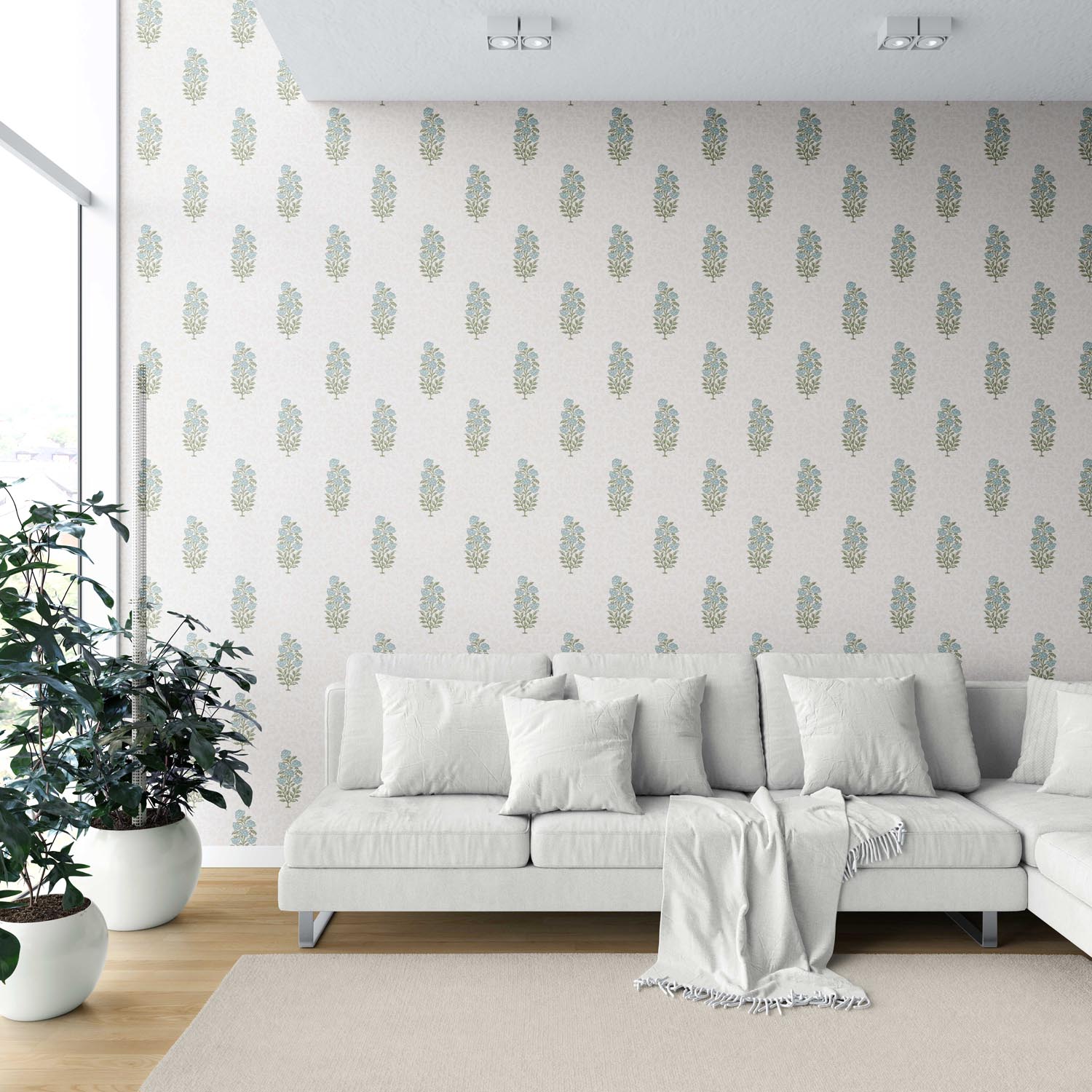 Floral Block Print Shower Toilet Wallpaper (Duck Egg Blue/ Green)