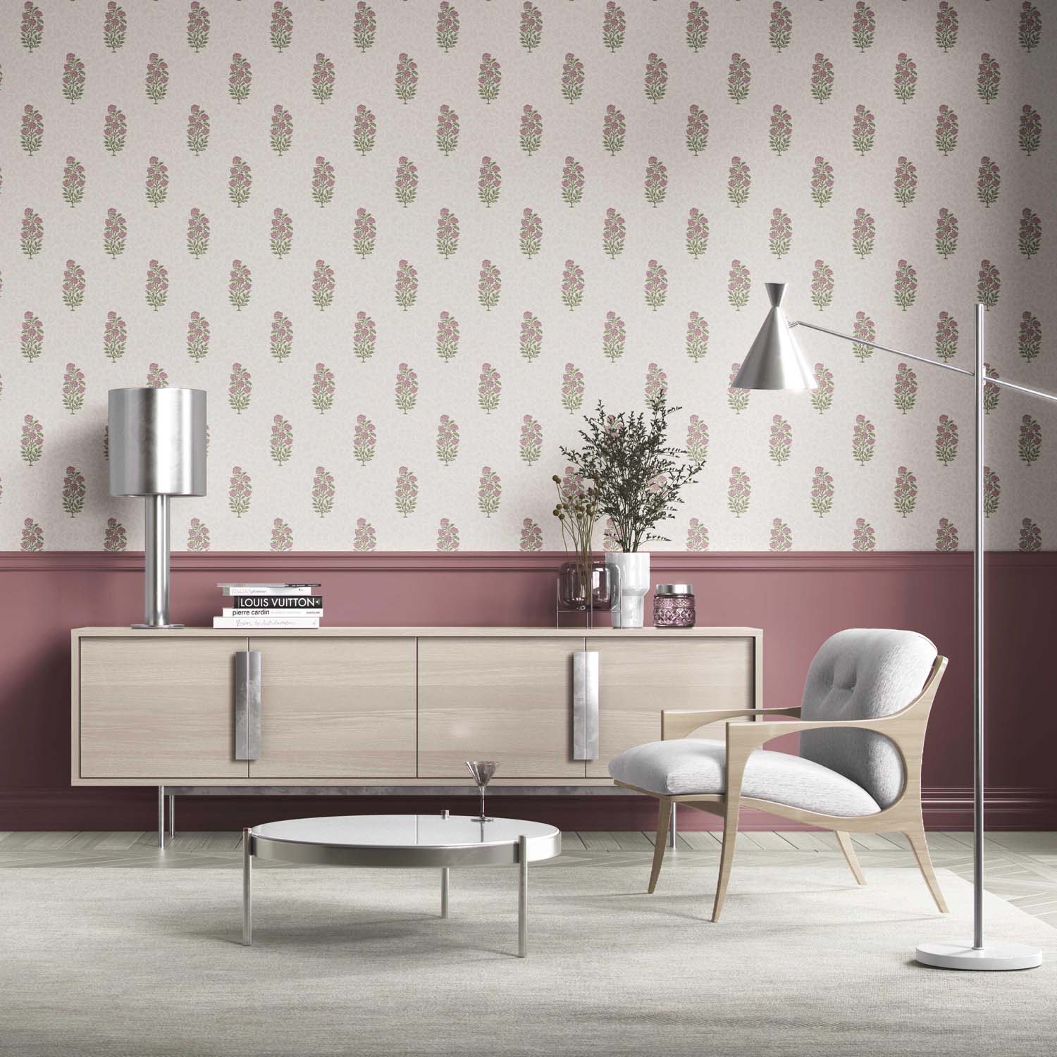 Floral Block Print Kitchen Wallpaper Sample (Blush Pink/ Green)