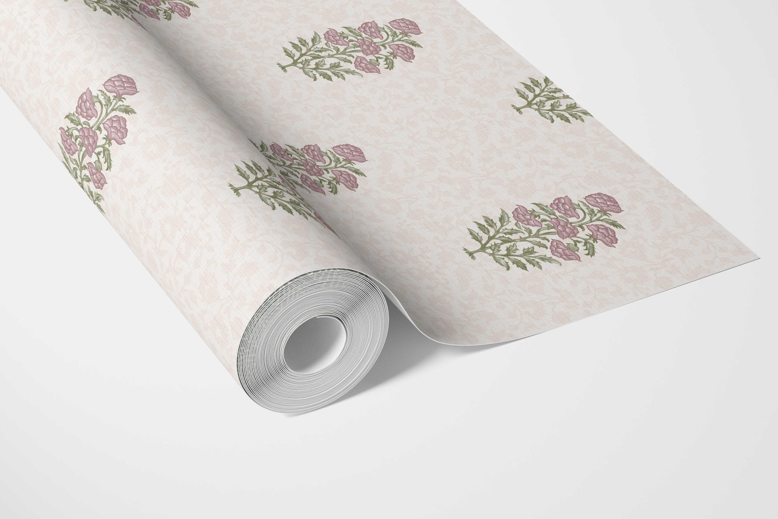 Floral Block Print Bathroom Wallpaper (Blush Pink/ Green)