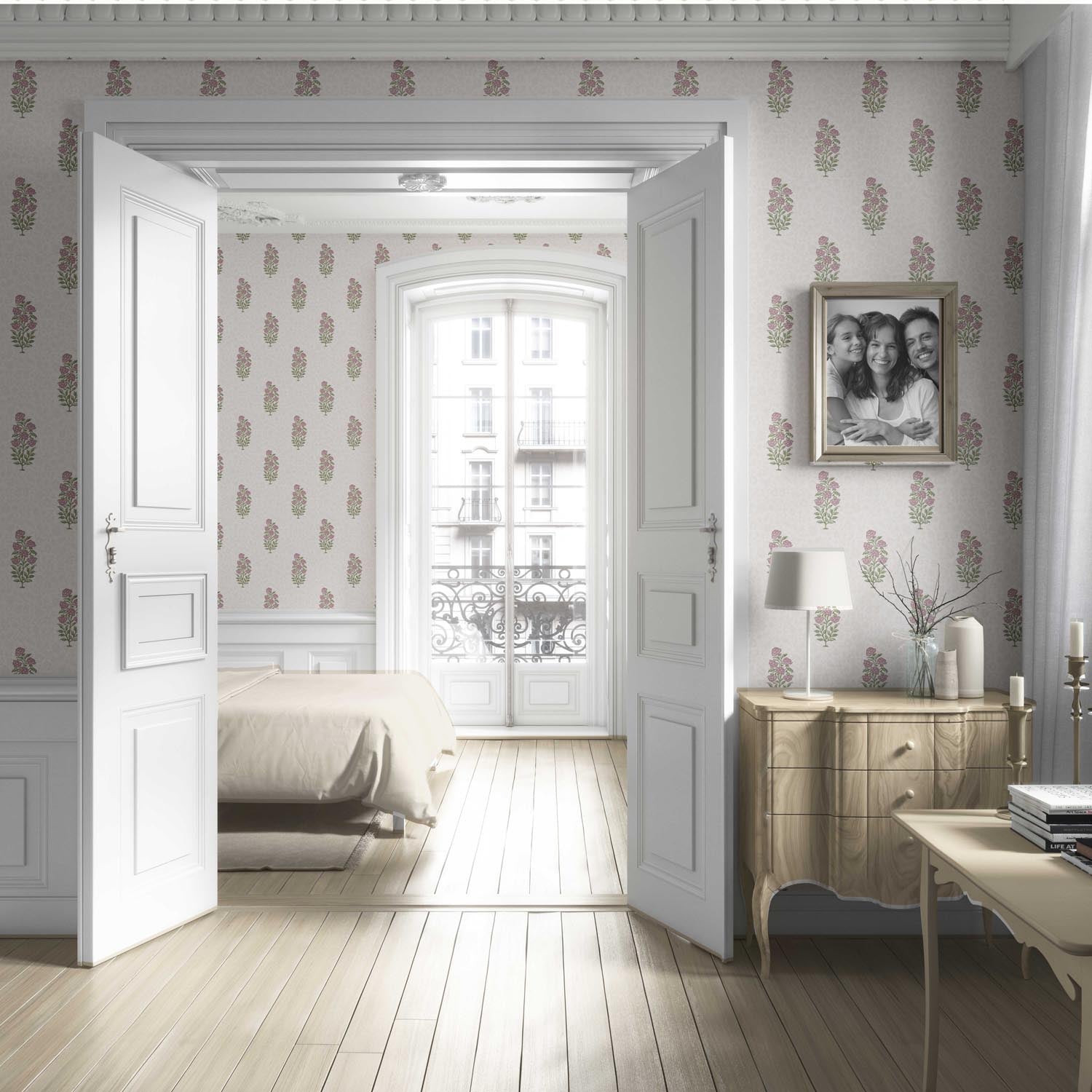 Floral Block Print Living Room Wallpaper (Blush Pink/ Green)