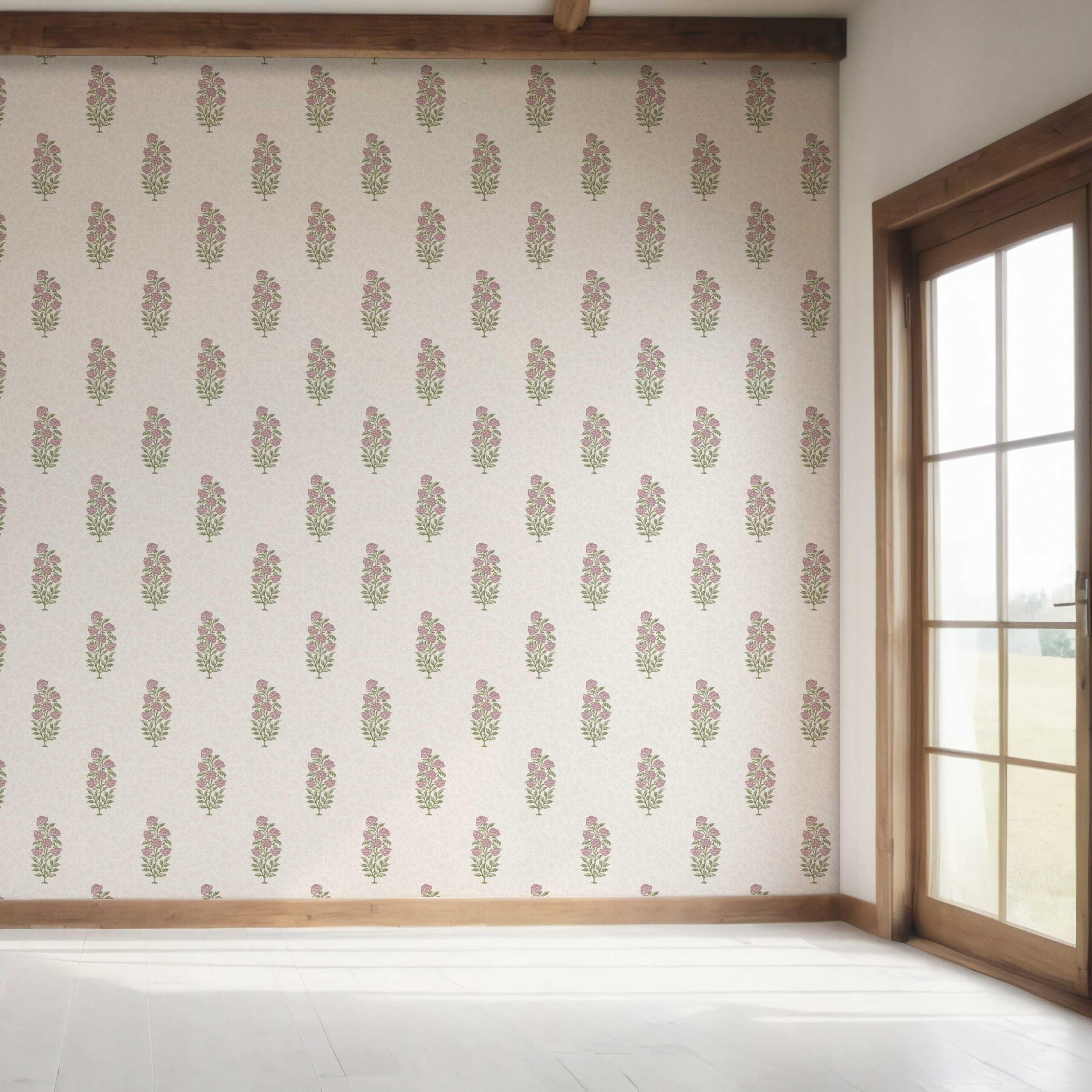 Floral Block Print Bedroom Wallpaper (Blush Pink/ Green)