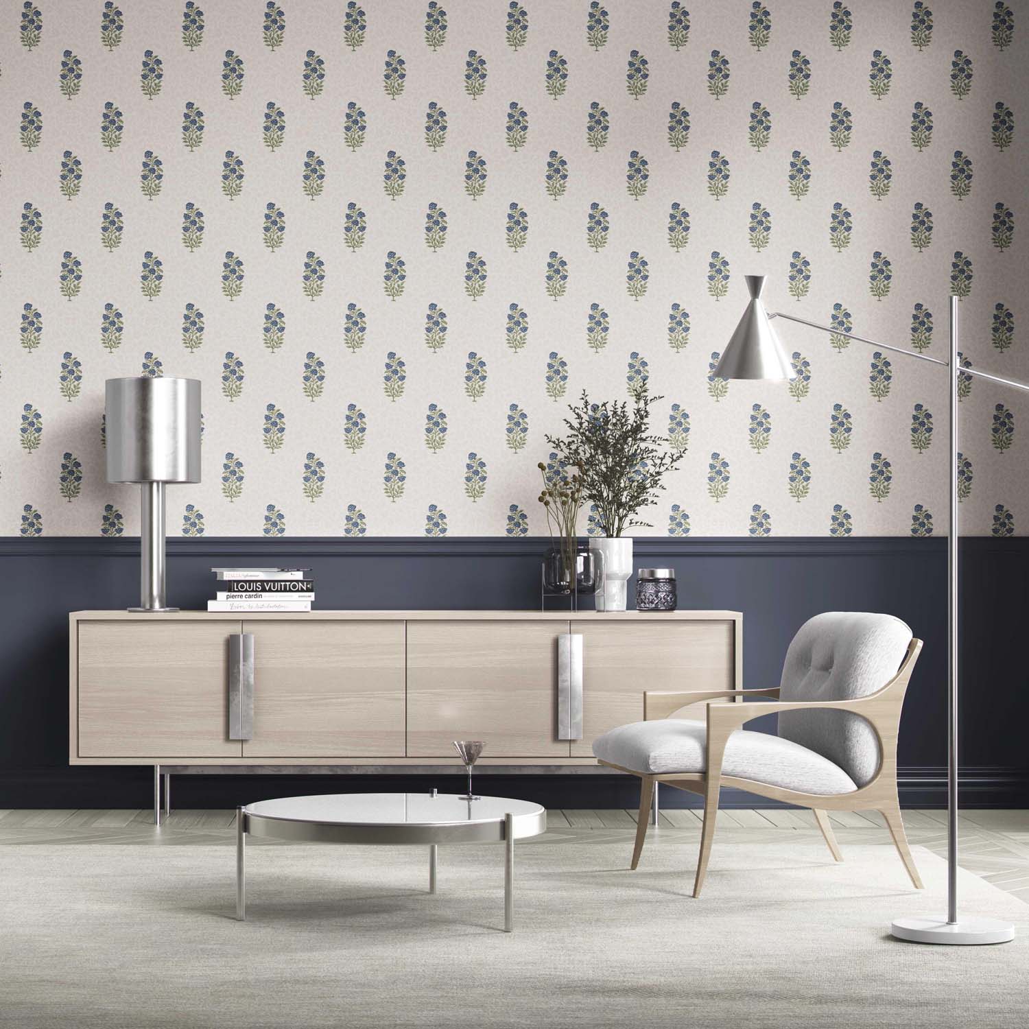 Floral Block Print Kitchen Wallpaper Sample Navy Blue/ Green
