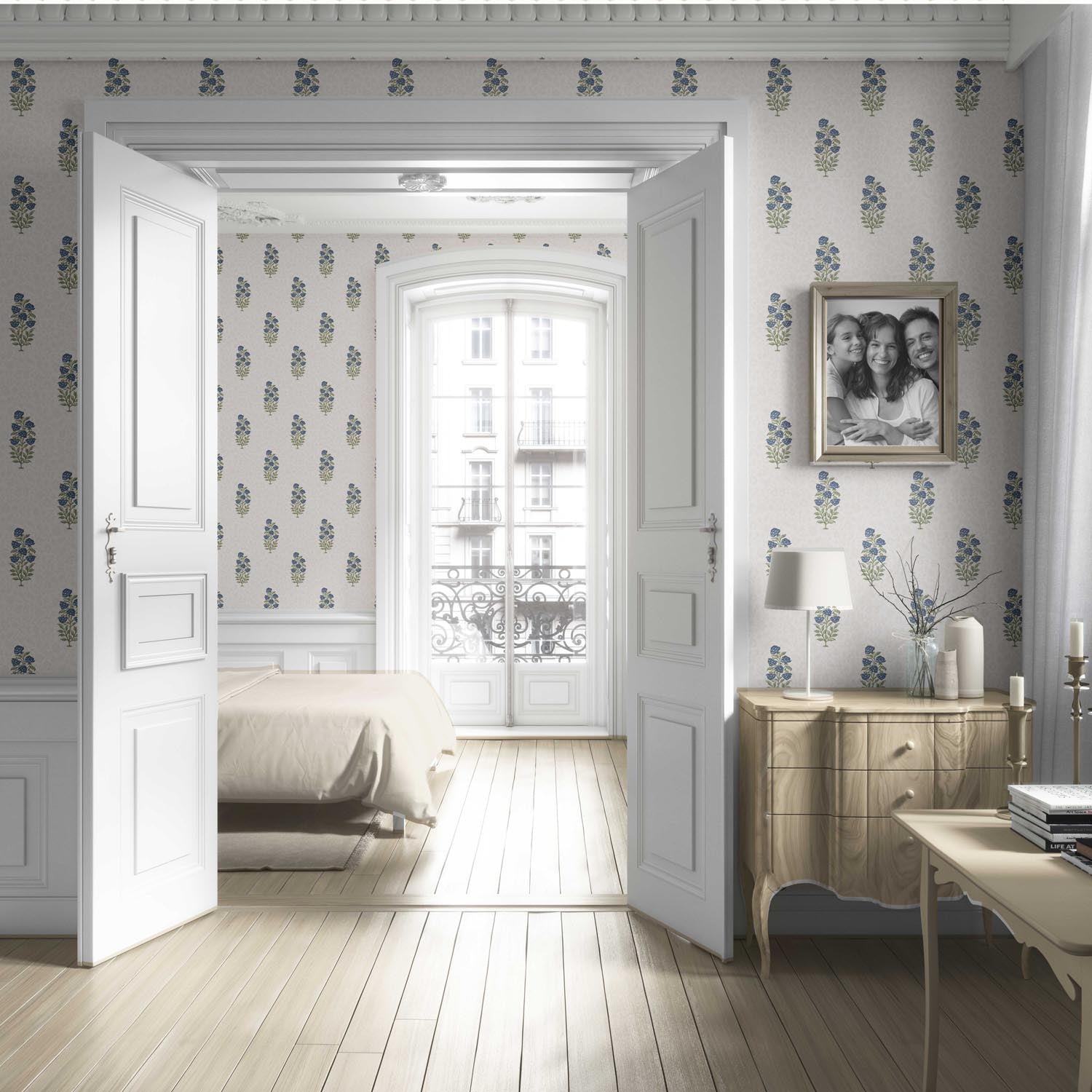 Floral Block Print Living Room Wallpaper Sample Navy Blue/ Green