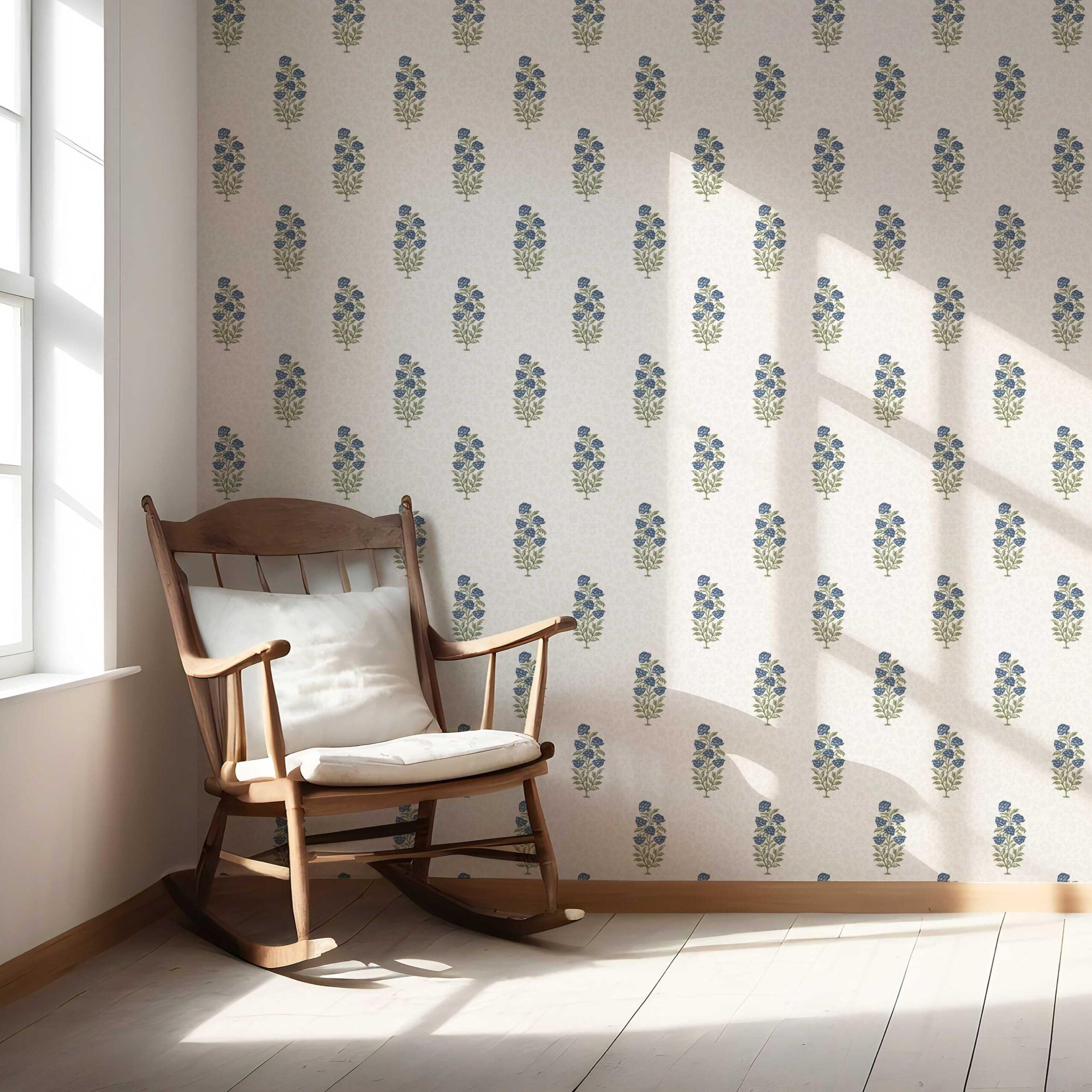 Floral Block Print Nursery Wallpaper Navy Blue/ Green
