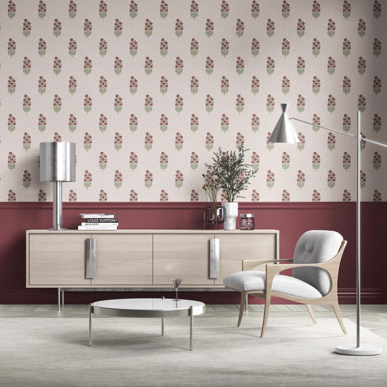 Floral Block Print Kitchen Wallpaper (Deep Red/ Maroon/ Green)