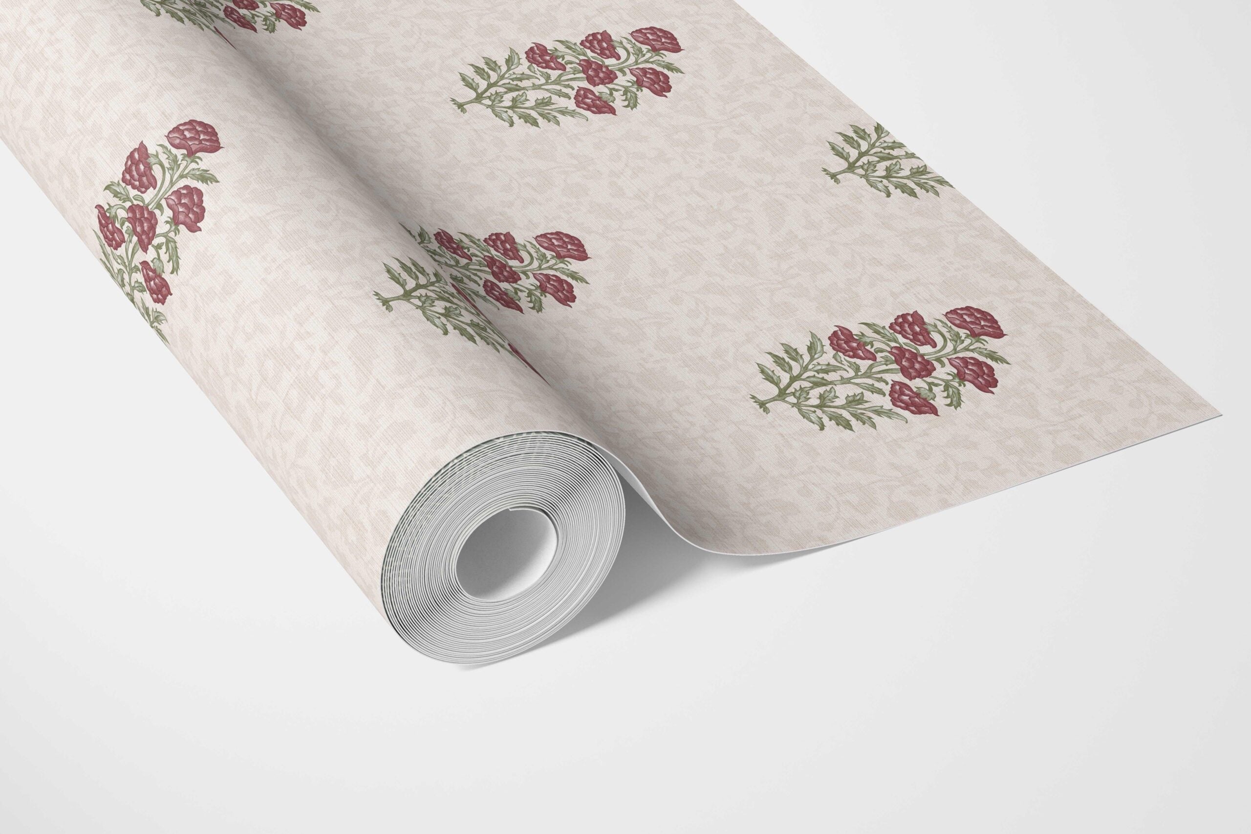 Floral Block Print Bathroom Wallpaper (Deep Red/ Maroon/ Green)