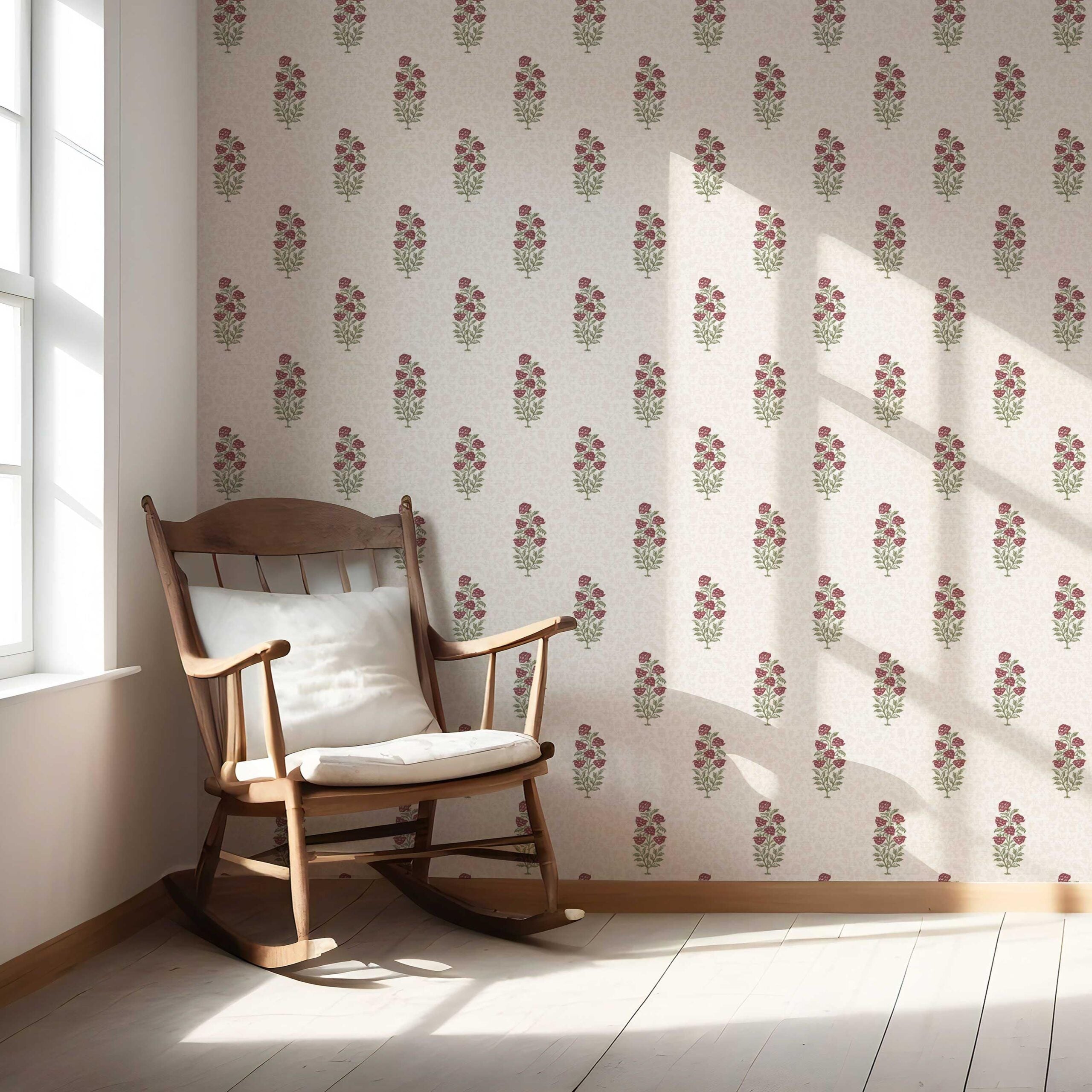 Floral Block Print Nursery Wallpaper (Deep Red/ Maroon/ Green)
