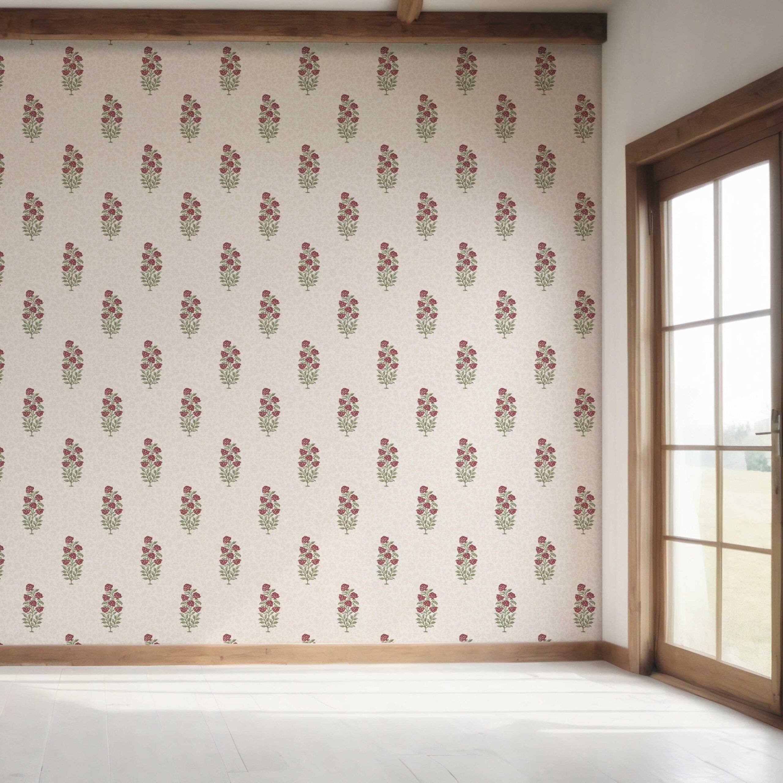 Floral Block Print Bedroom Wallpaper (Deep Red/ Maroon/ Green)