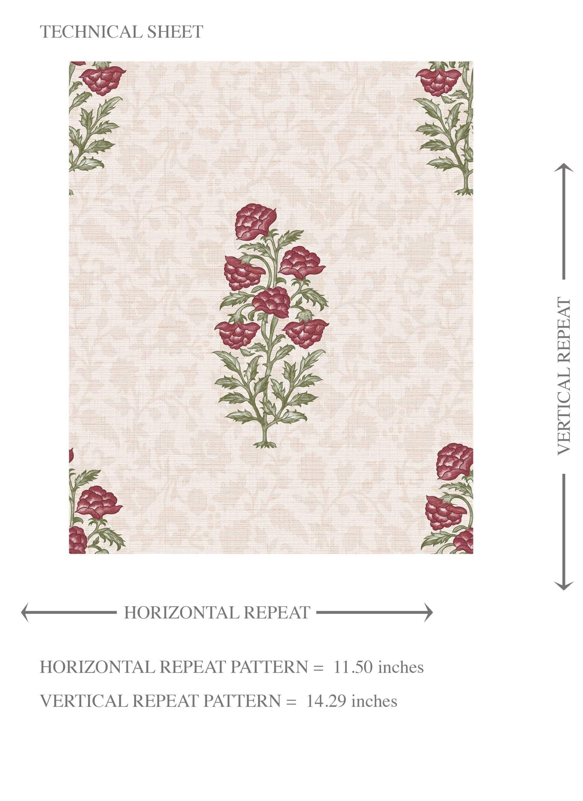 Floral Block Print Kids Room Wallpaper Sample (Deep Red/ Maroon/ Green)