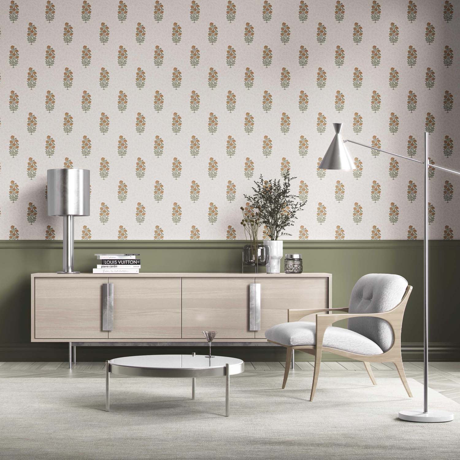 Floral Block Print Kitchen Wallpaper Sample (Mustard Yellow/ Green)