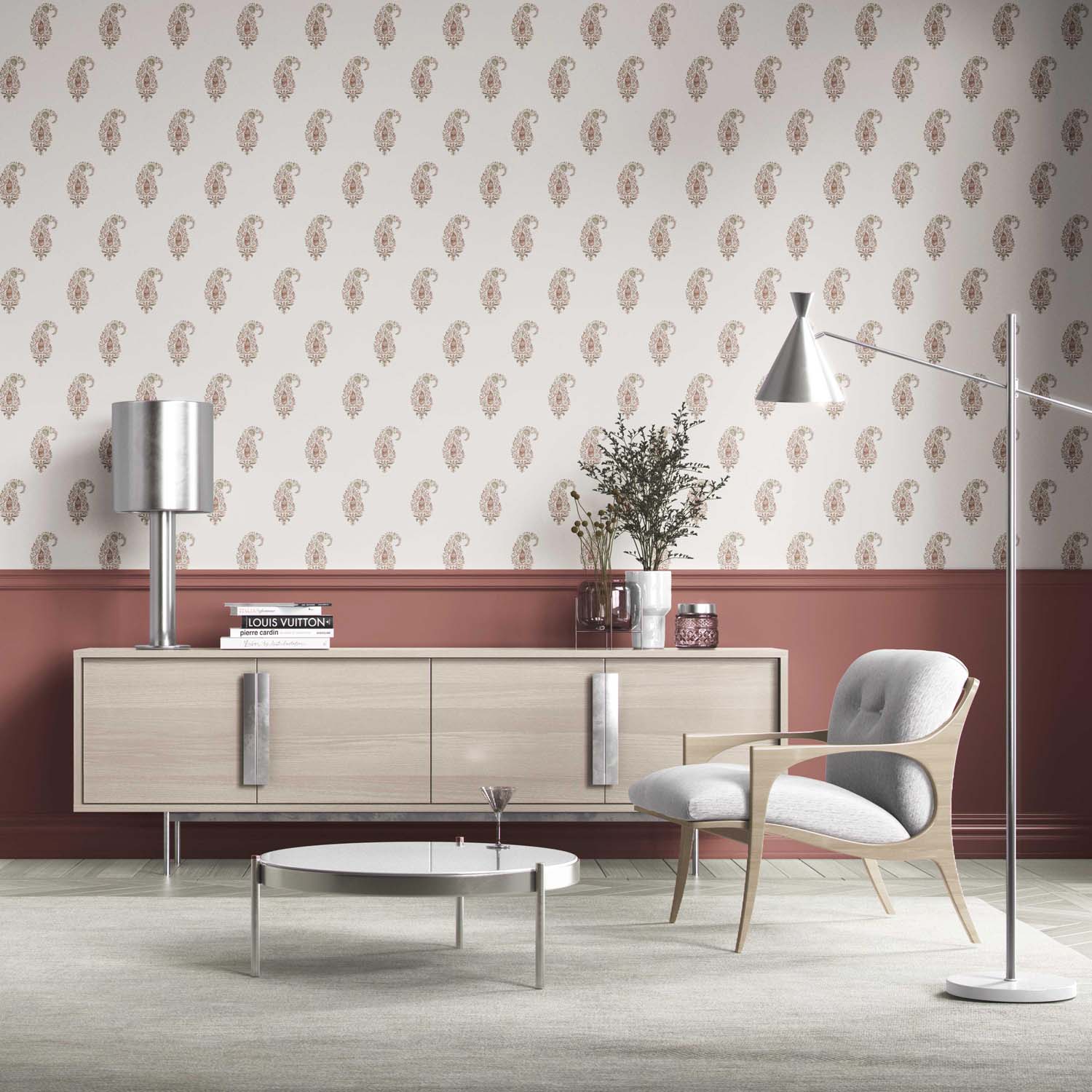 Paisley Floral Kitchen Wallpaper Sample (Red/ Green/ Gray)