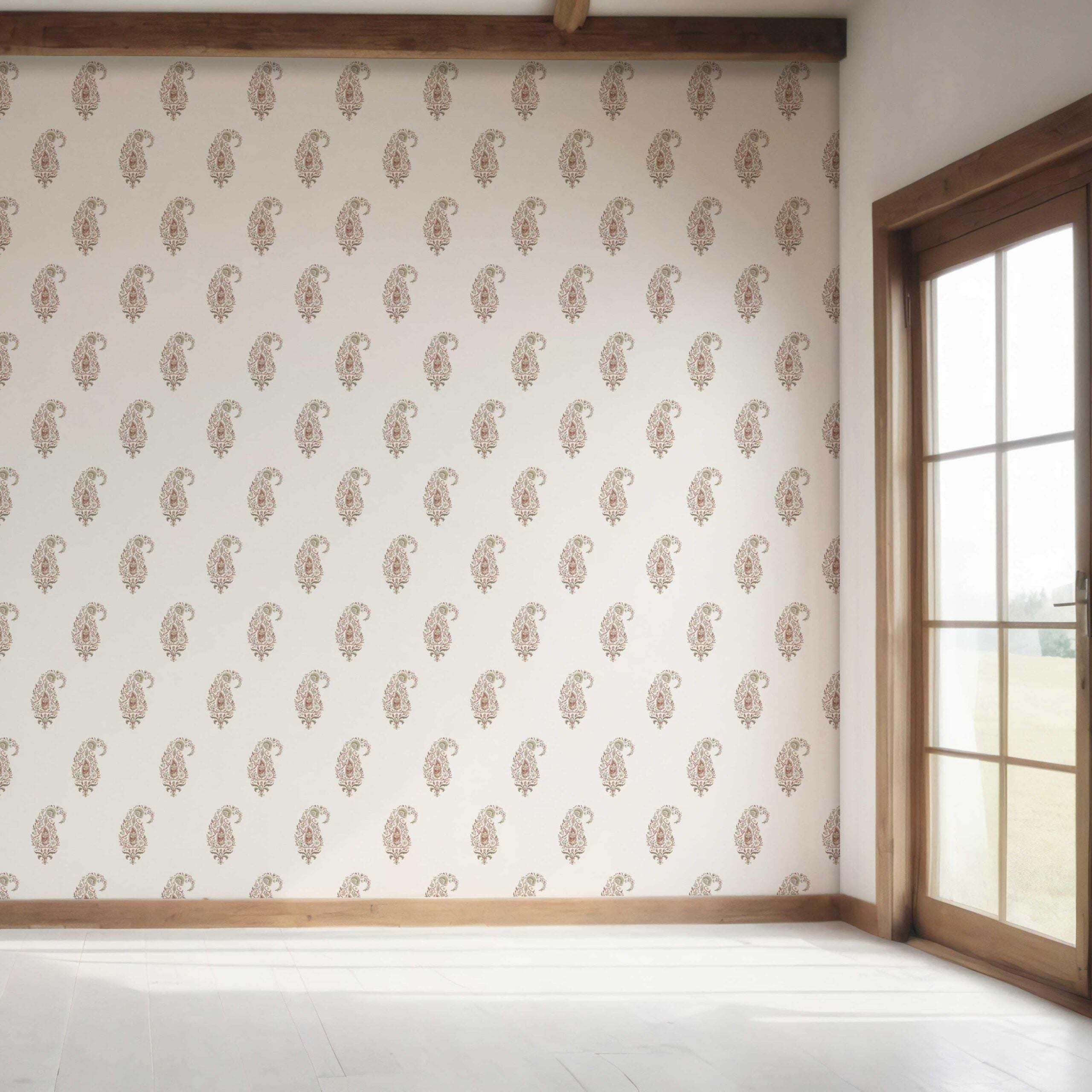 Paisley Floral Bedroom Wallpaper Sample (Red/ Green/ Gray)