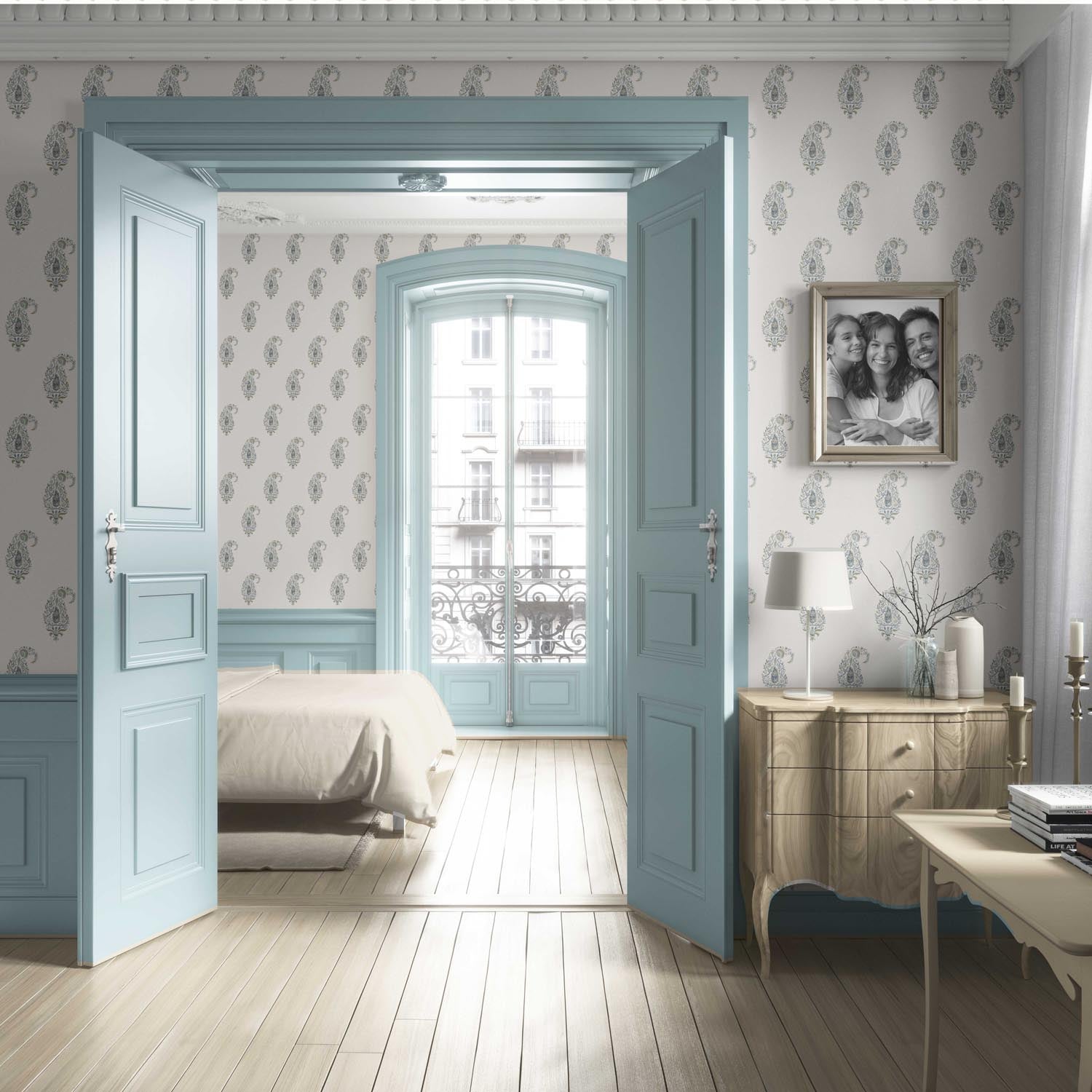 Paisley Floral Living Room Wallpaper Sample (Beige/ Blue/ Green)