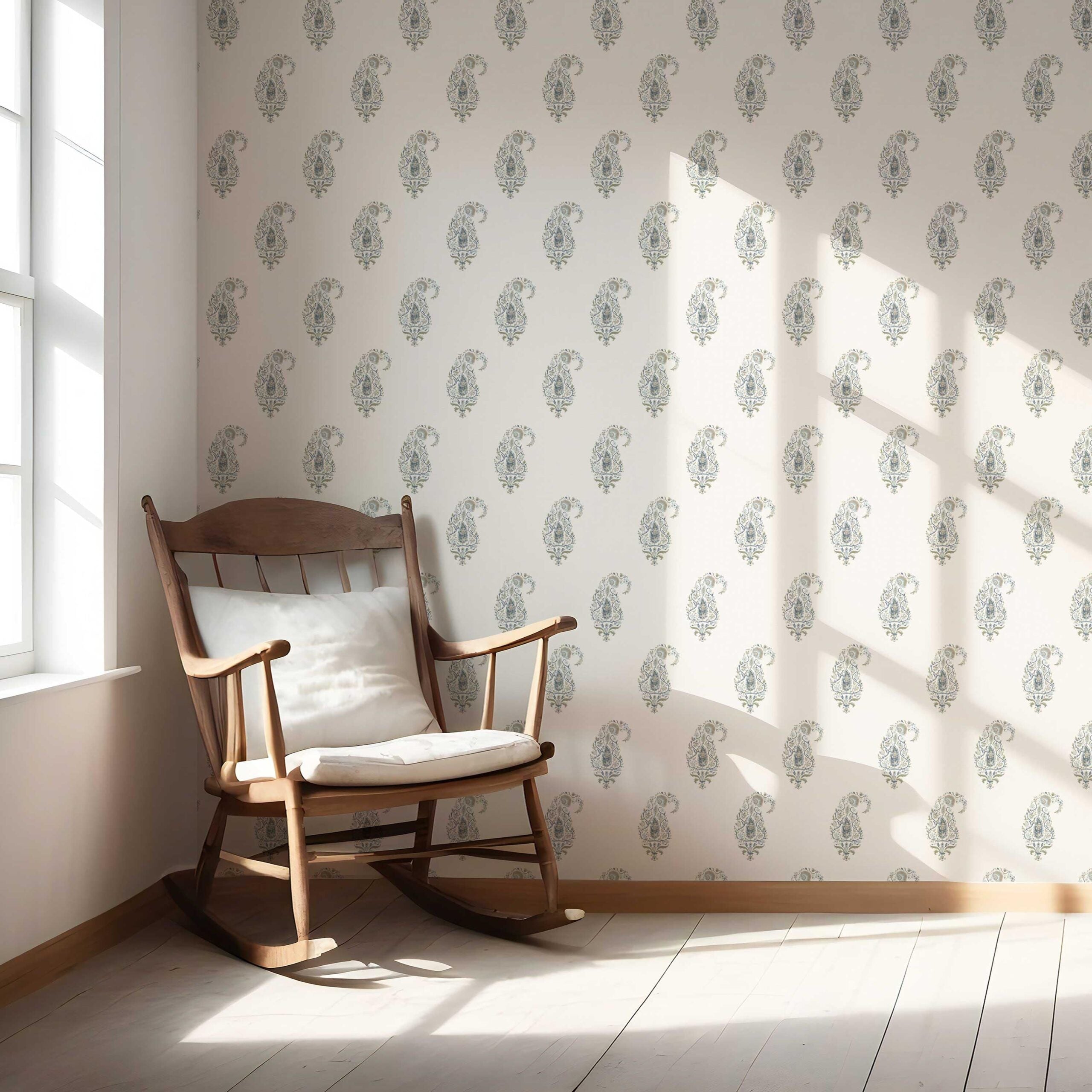 Paisley Floral Nursery Wallpaper Sample (Beige/ Blue/ Green)