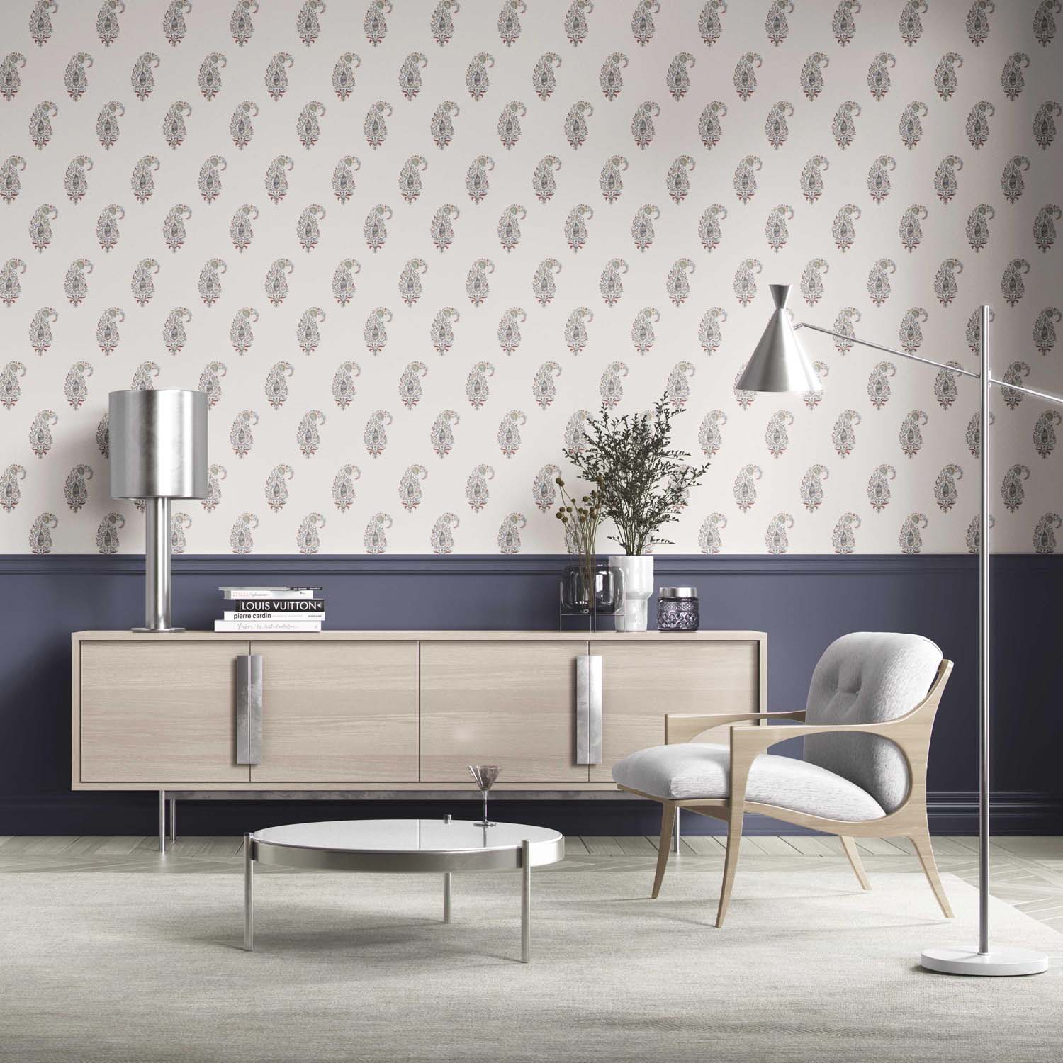 Paisley Floral Kitchen Wallpaper Sample (Beige/ Navy Blue/ Deep Red/ Gray)