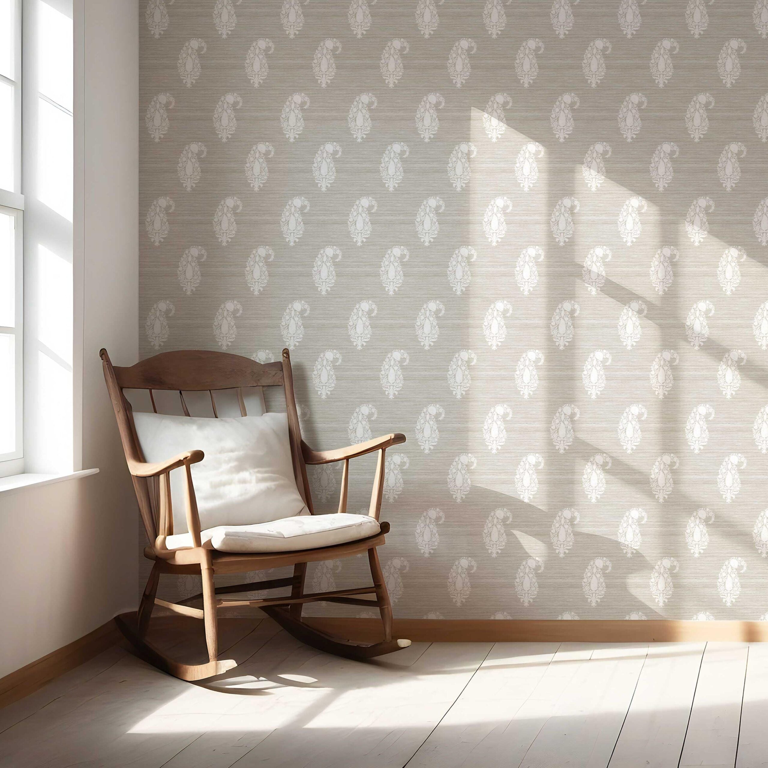 Neutral Paisley Floral Nursery Wallpaper Sample (Beige/ Warm Gray/ Taupe/ White)