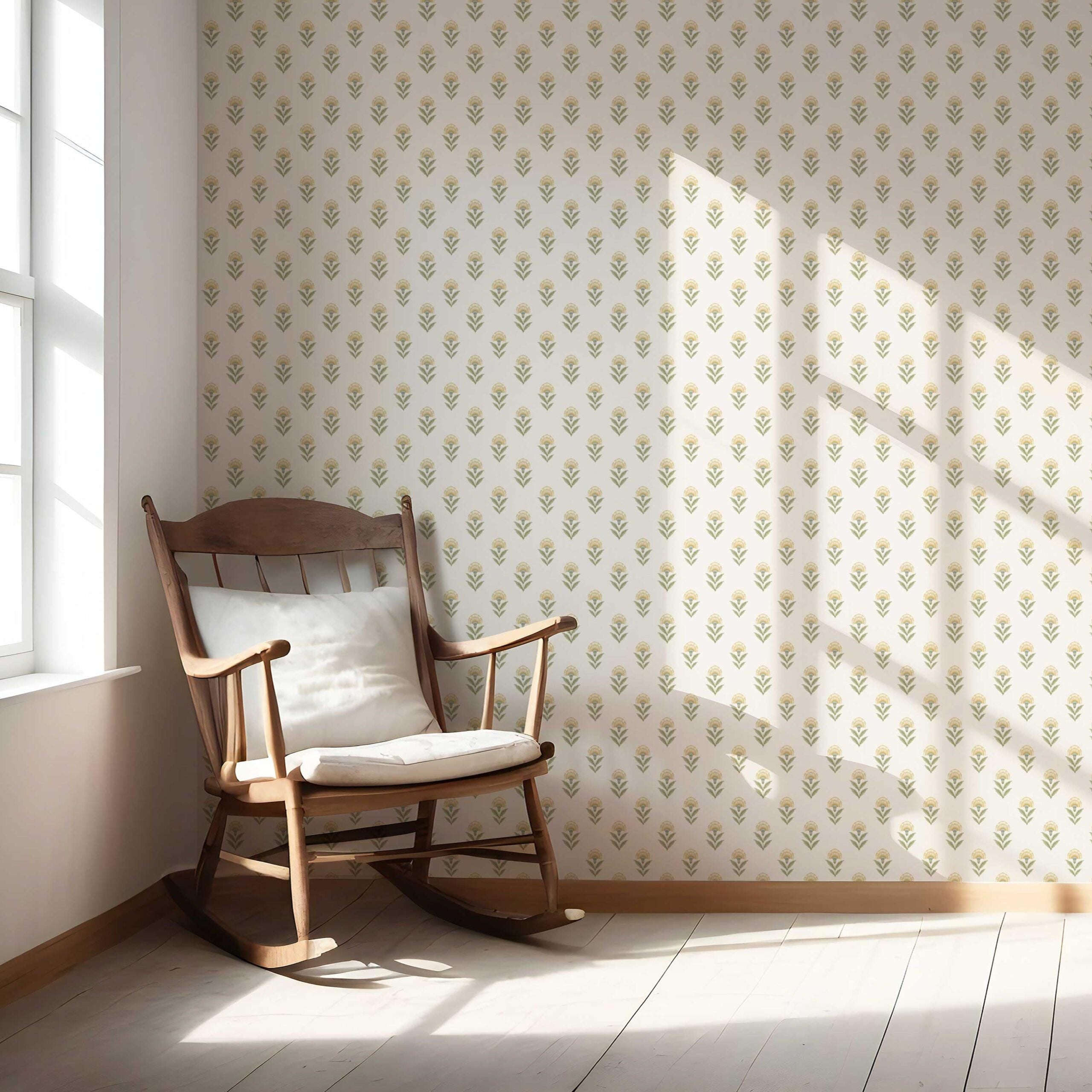 Floral Block Print Nursery Wallpaper (Pale Yellow/ Green)